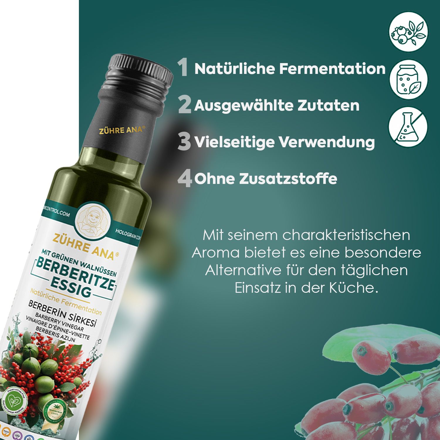 Flasche Zühre Ana Berberitzen-Essig mit Etikett, daneben vier Symbole für natürliche Fermentation.