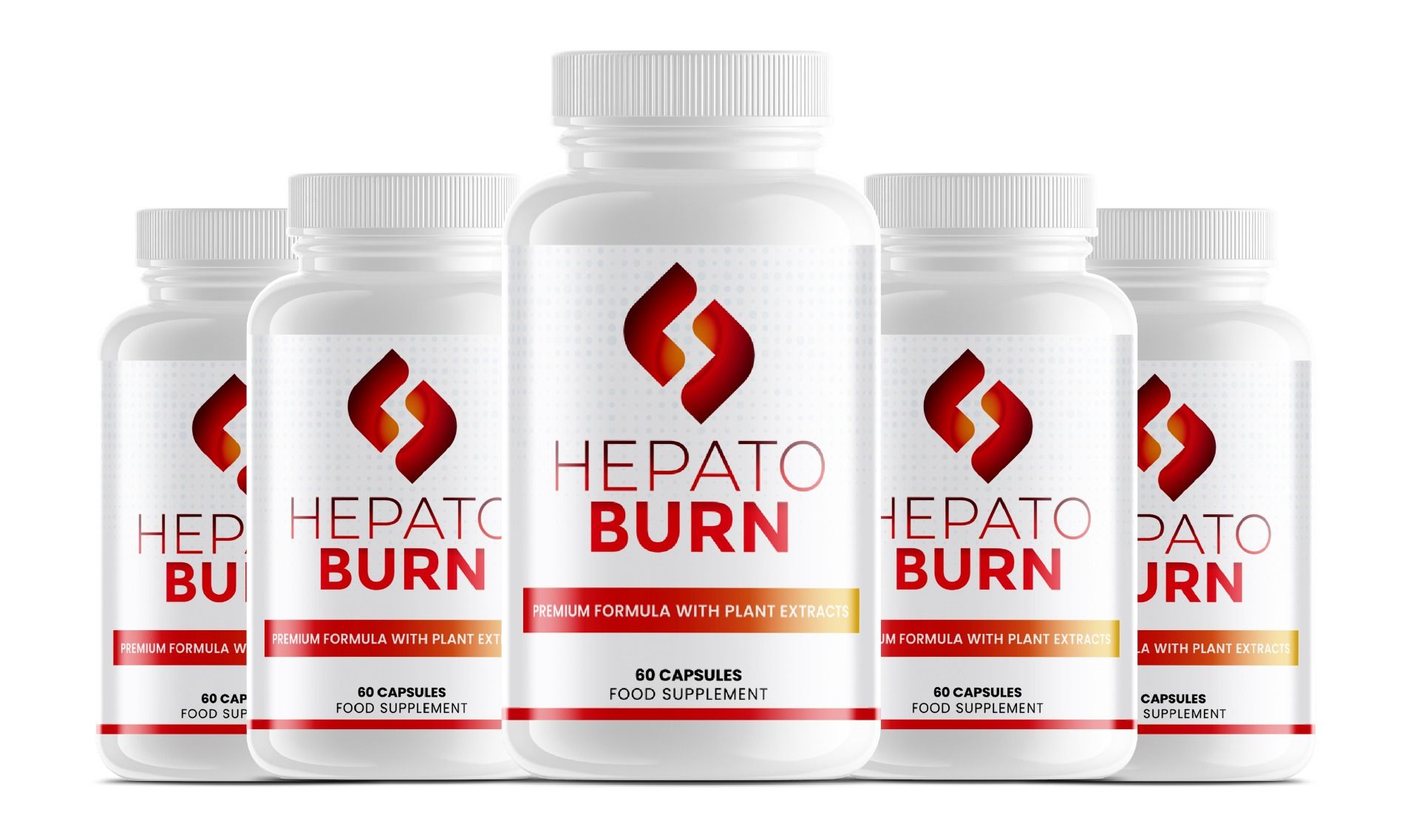 Fünf weiße Flaschen mit rotem Etikett. Aufschrift: Hepato Burn, 60 Kapseln. Premium-Formel mit Pflanzenextrakten. Nahrungsergänzungsmittel.