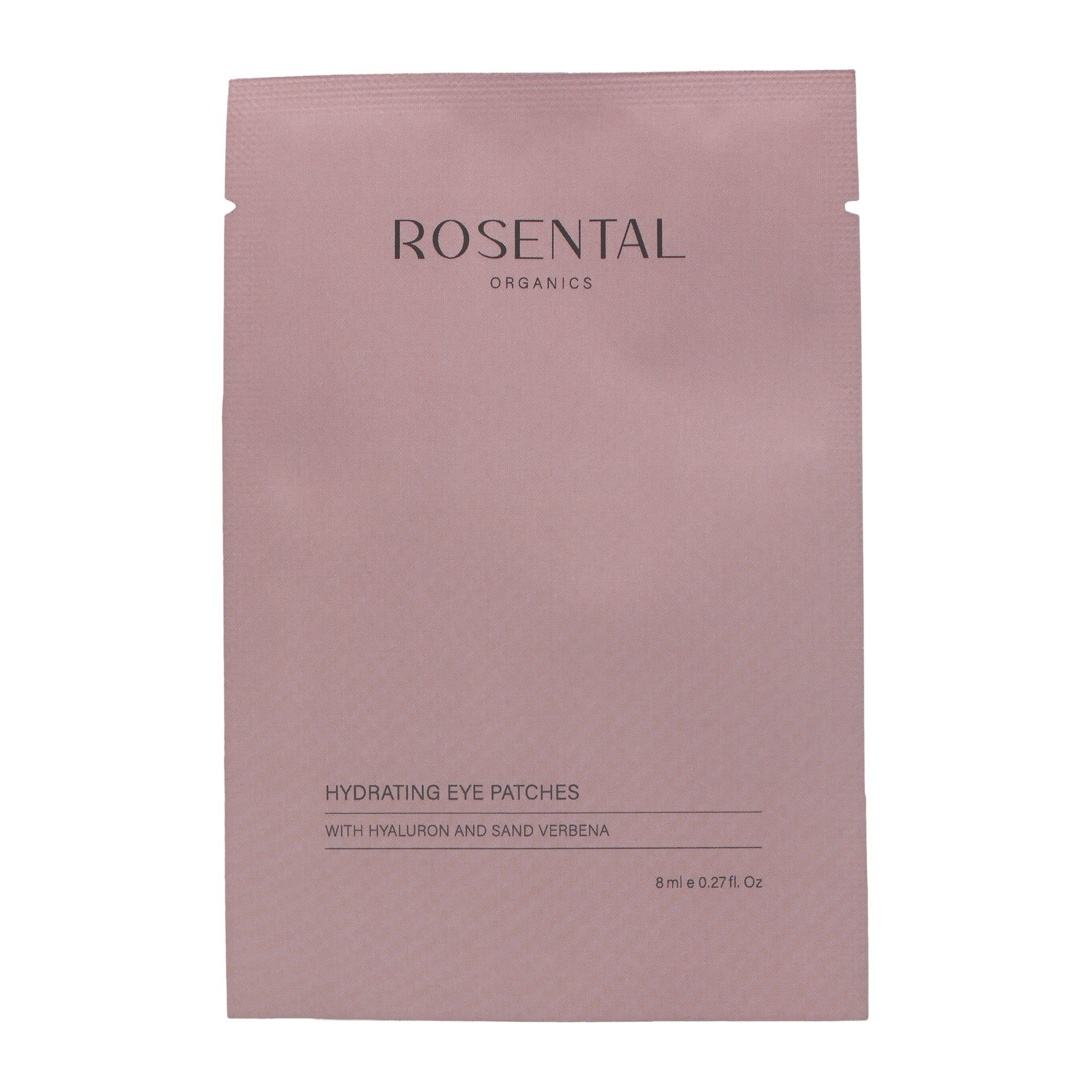 Rosa Verpackung mit Produktnamen und Inhaltsstoffen. Text: ROSENTAL ORGANICS, Hydrating Eye Patches, Hyaluron und Sand Verbena.