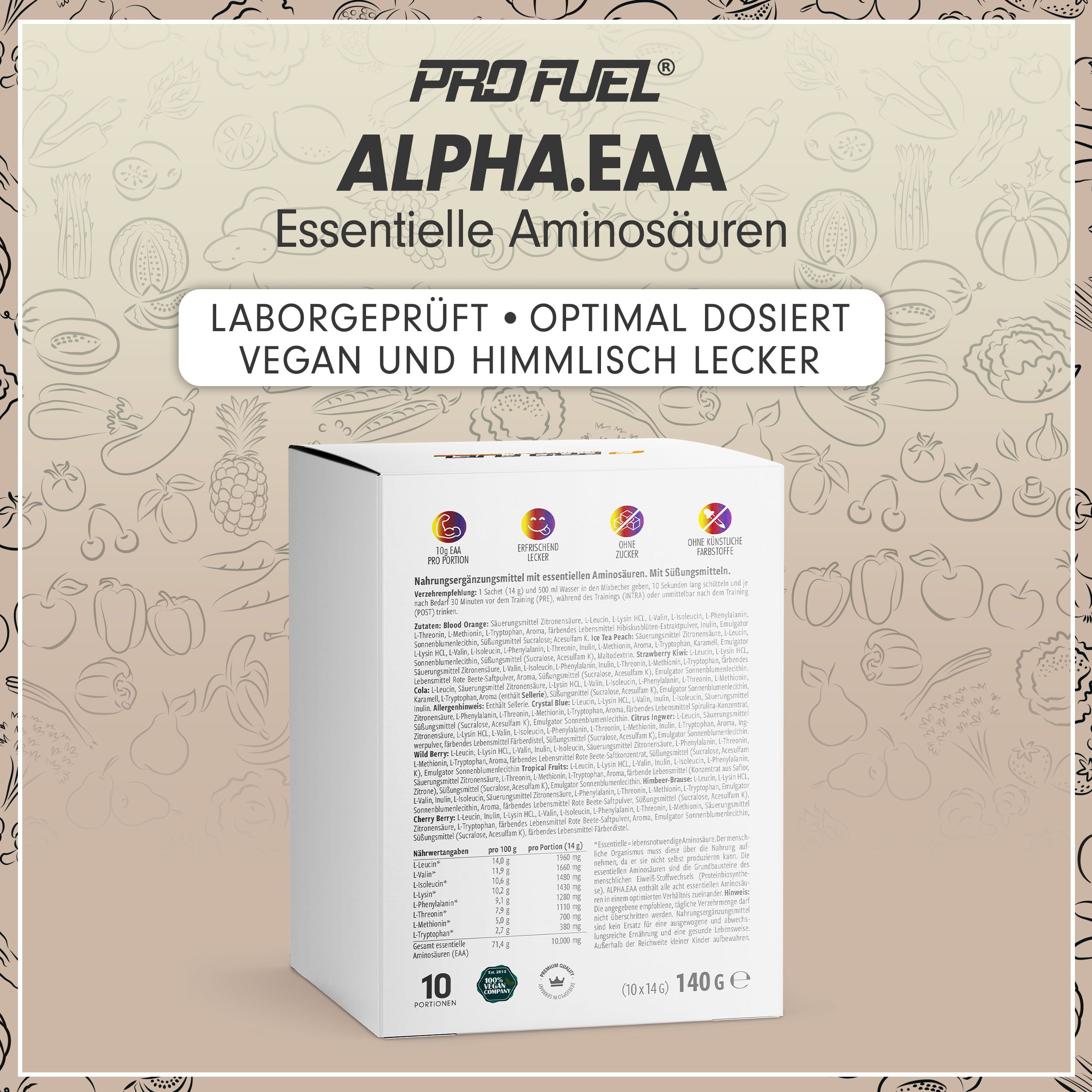 Box "ALPHA EAA" mit 10 Portionen. Text: "Laborgeprüft", "Vegan", "Himmlisch lecker". Gewicht: 140g.