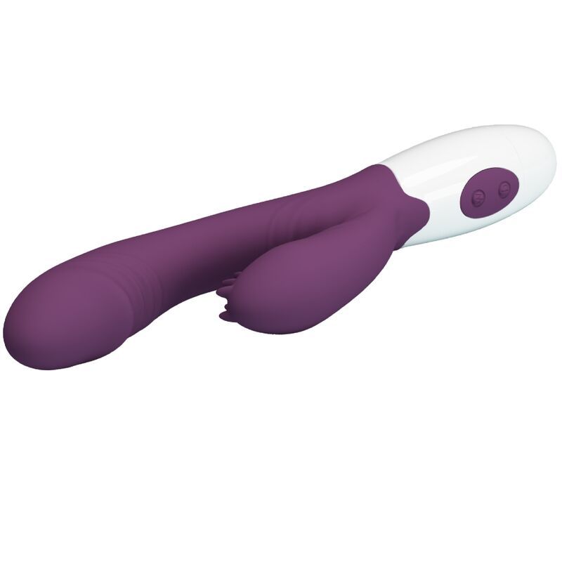 Lila Vibrator mit weißem Sockel. Der gebogene Schaft hat eine geriffelte Spitze und einen G-Punkt-Stimulator.