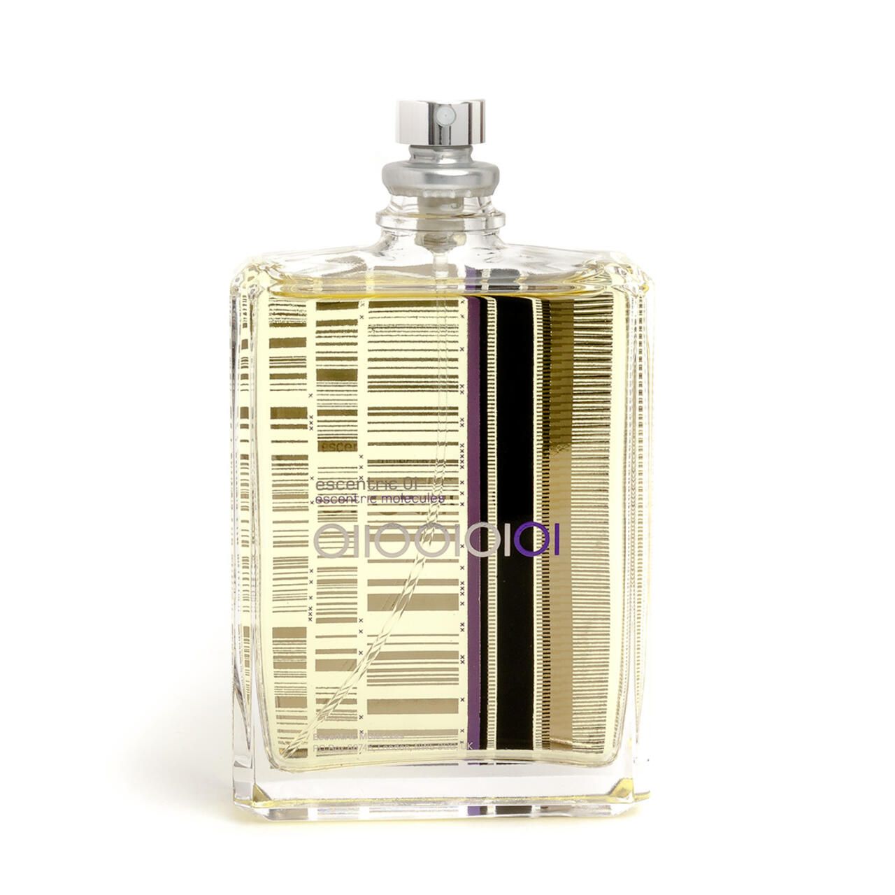 Parfümflakon, rechteckig, transparent mit silbernem Verschluss. Gelbe Flüssigkeit sichtbar. Schwarze und violette Streifen auf der Vorderseite.