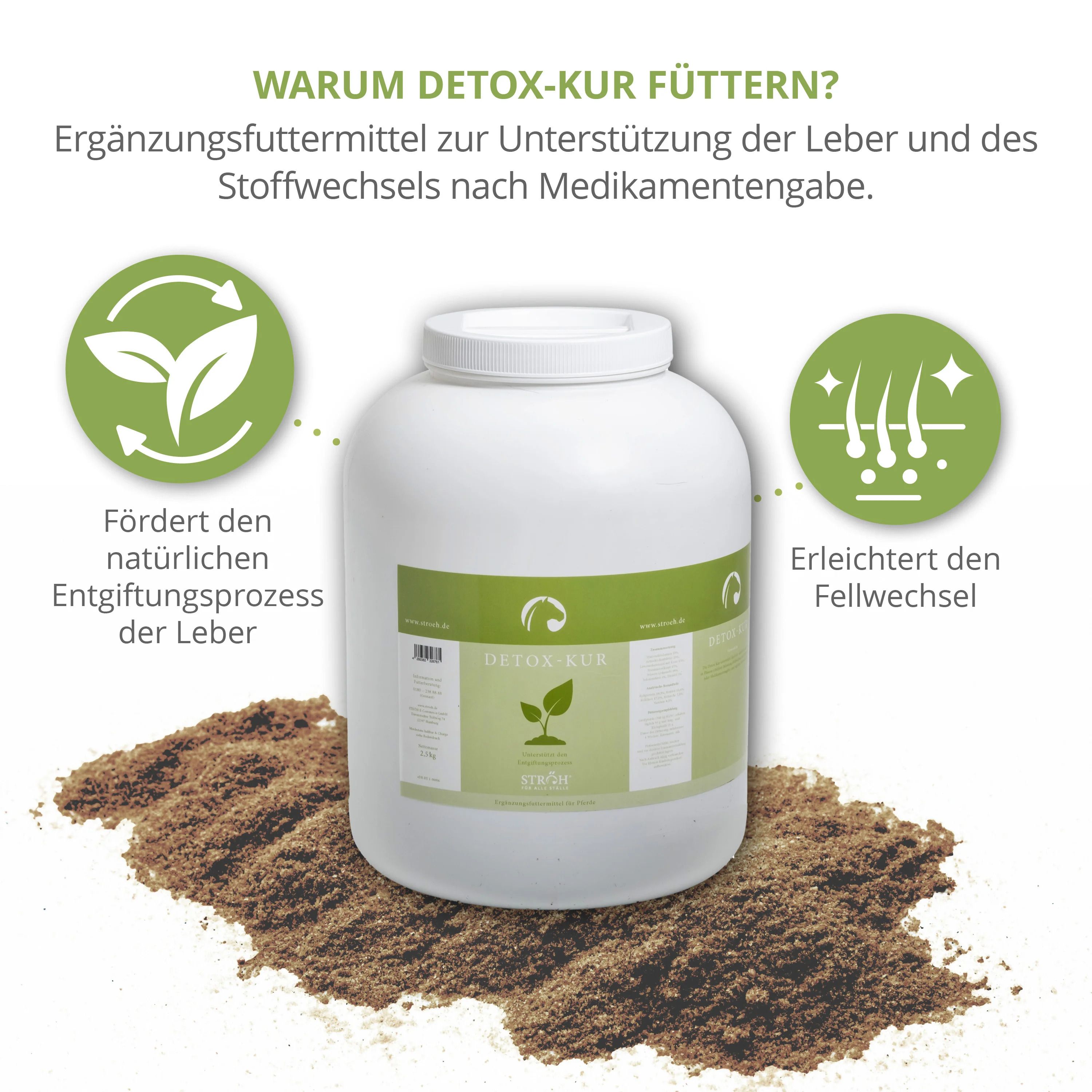 Weißer Behälter STRÖH Detox-Kur, umgeben von braunem Futter. Text: Fördert die Entgiftung der Leber, erleichtert den Fellwechsel.