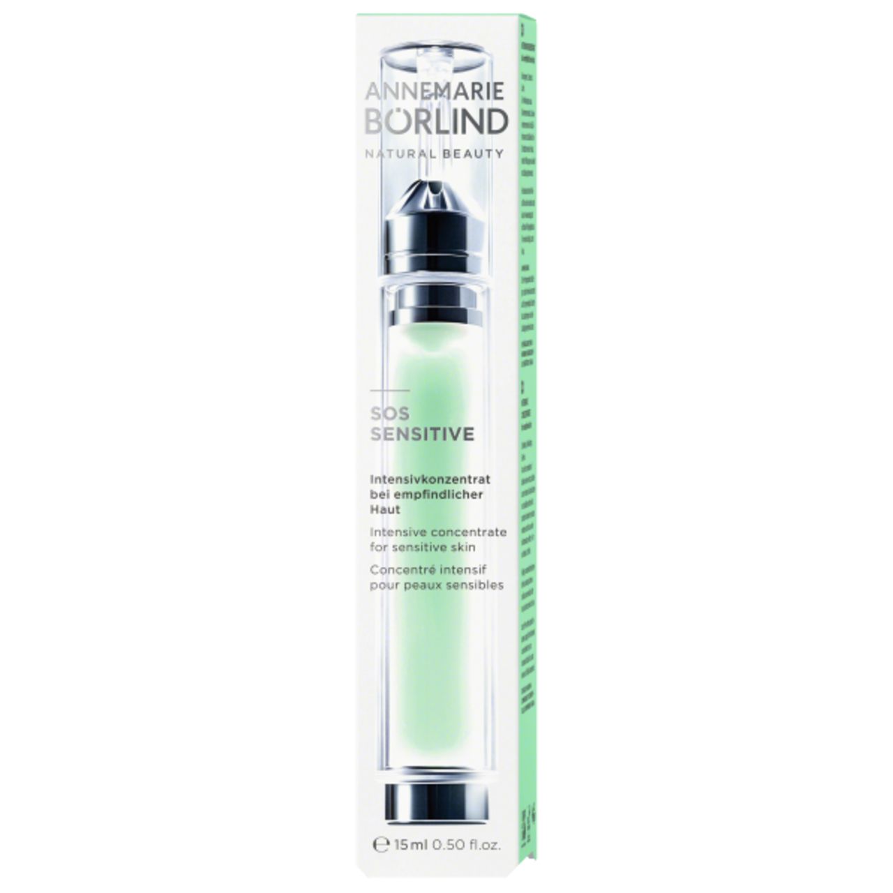 ANNEMARIE BÖRLIND SOS Sensitive Intensivkonzentrat. Produkt in Verpackung. Flasche mit Dosierer. 15 ml.