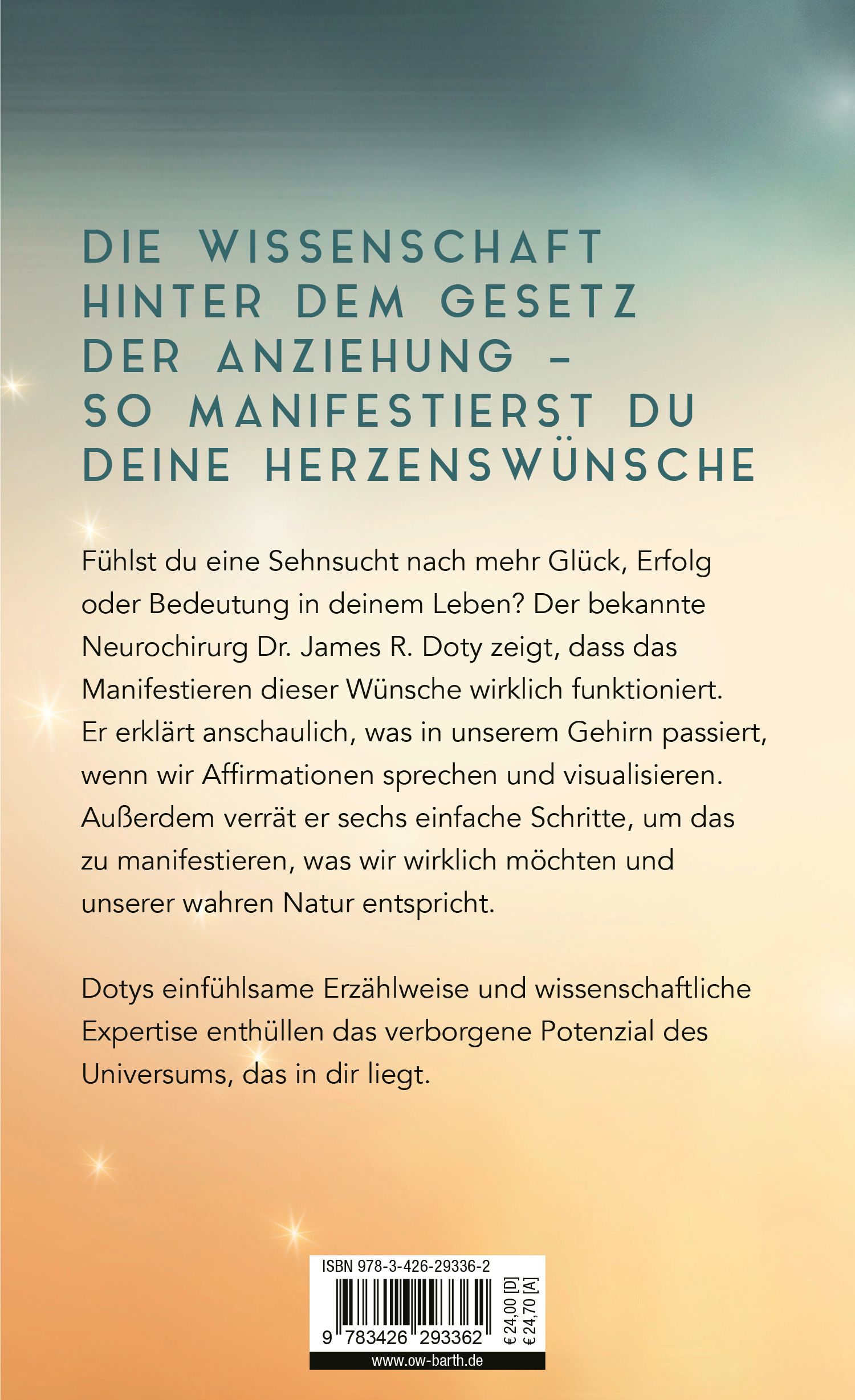 Buchrückseite mit Text. Titel: "Die Wissenschaft hinter dem Gesetz der Anziehung". ISBN und Preisangaben unten.