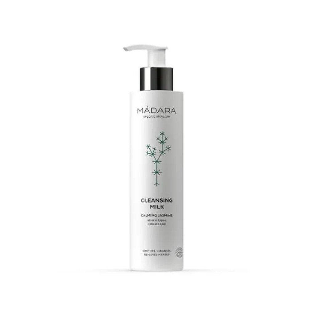 Weisse Flasche mit Pumpe. Aufschrift: MÁDARA, Cleansing Milk, Calming Jasmine. Bio-Zertifizierung.