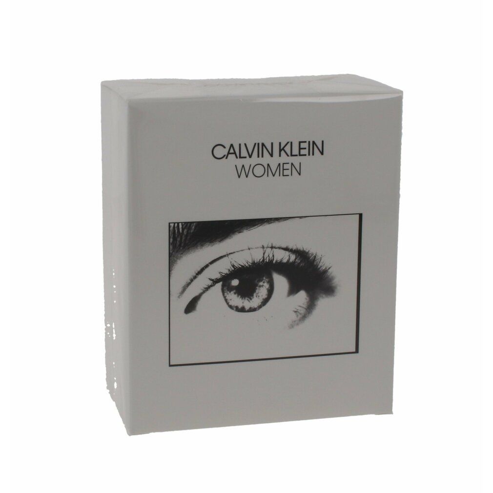Graue rechteckige Verpackung. Aufschrift: CALVIN KLEIN WOMEN. Abbildung eines Auges.