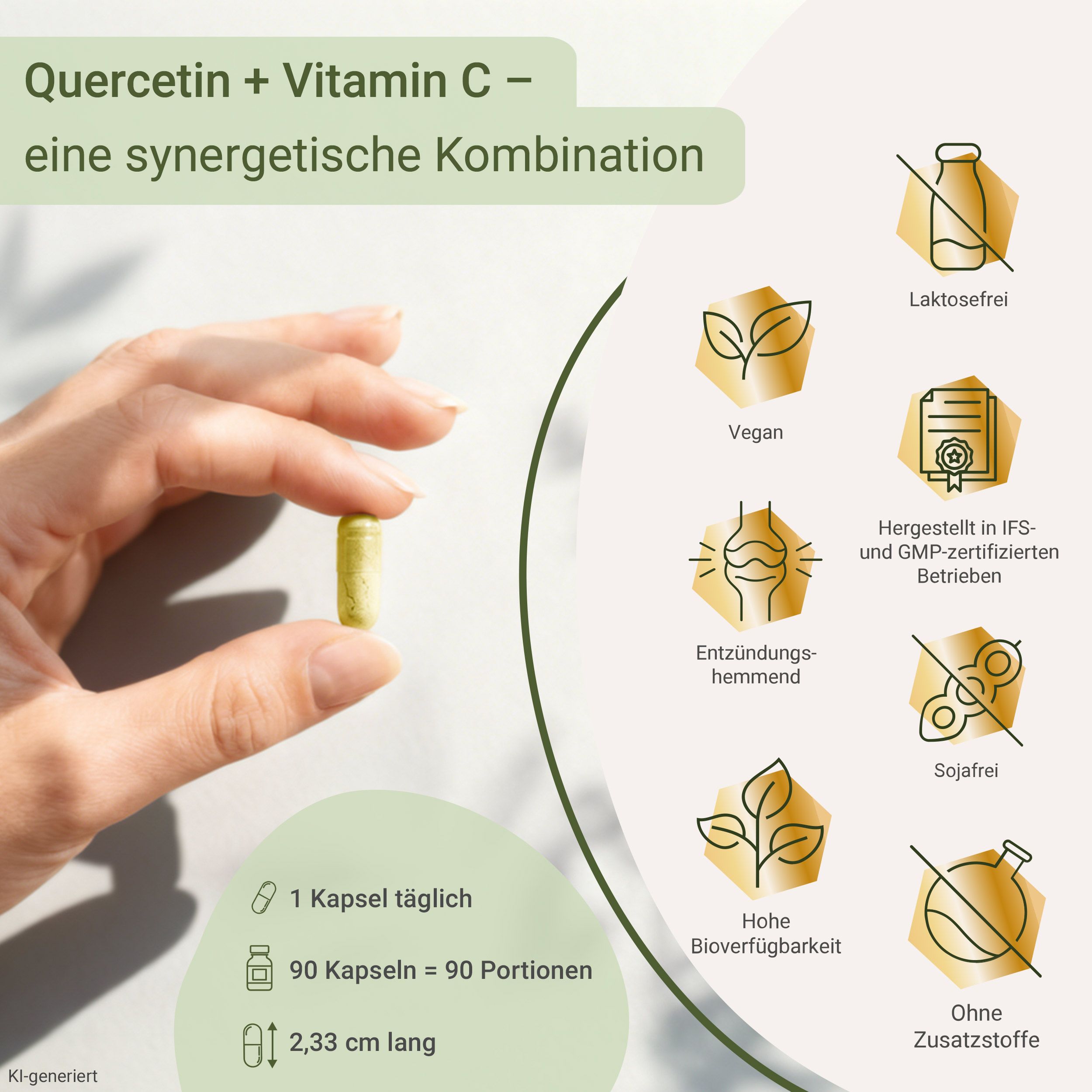 Eine gelbe Kapsel mit Quercetin und Vitamin C, 2,33 cm lang. Informationen zu vegan, laktosefrei, sojafrei und Herstellung in IFS/GMP-zertifizierten Betrieben.