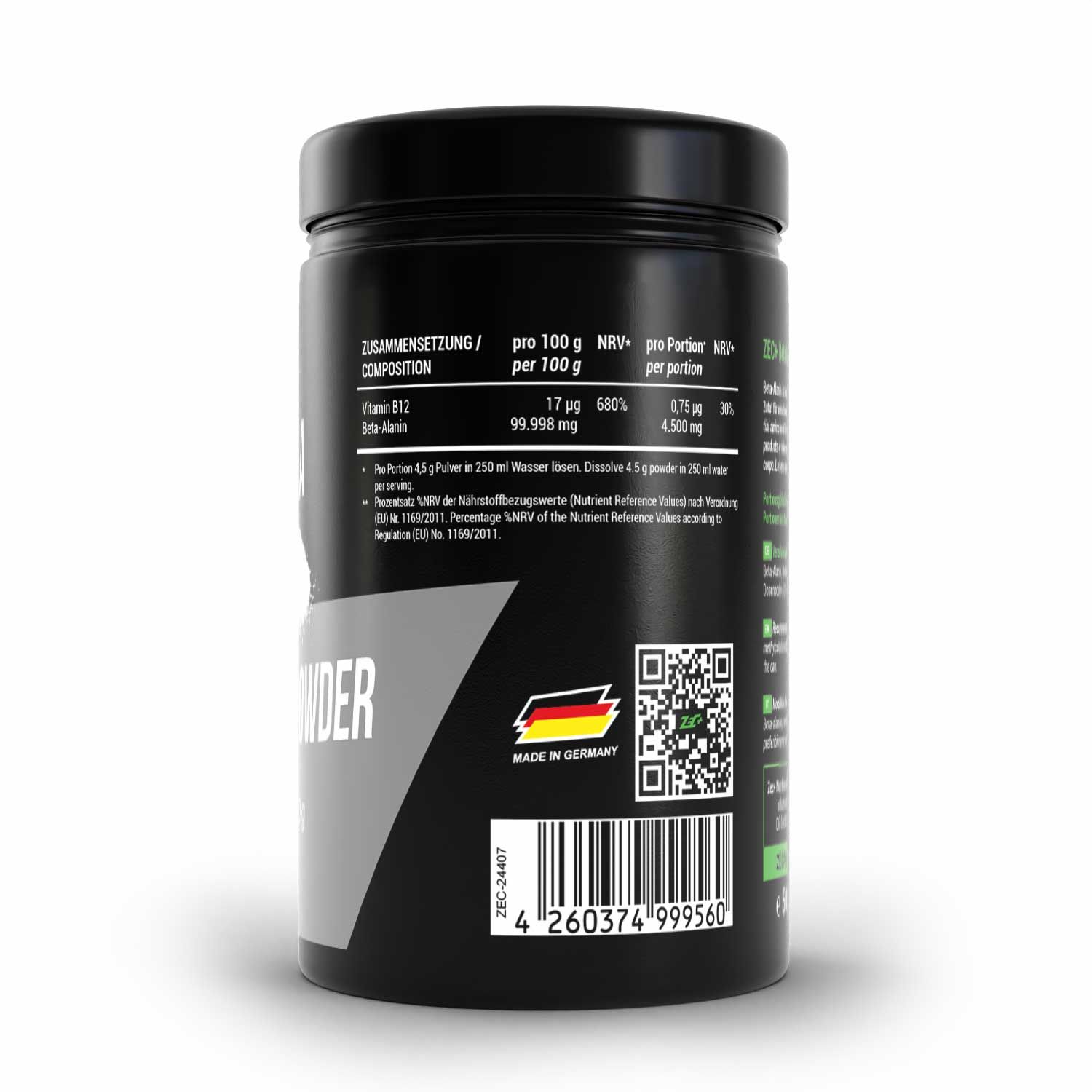 Rückseite einer schwarzen Dose. Text mit Nährwertangaben und QR-Code. "MADE IN GERMANY" und Barcode. Flagge Deutschland.