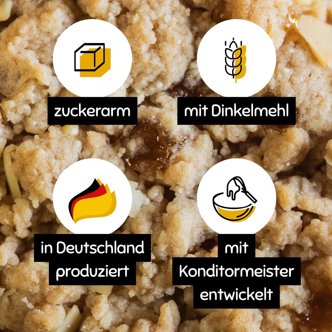 Nahaufnahme eines Streuselhappen-Riegels. Runde Icons mit Text: zuckerarm, mit Dinkelmehl, in Deutschland produziert, mit Konditormeister entwickelt.