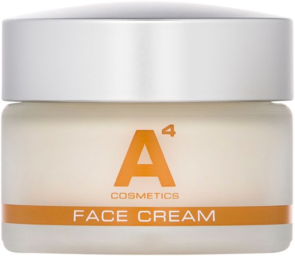 Creme-Tiegel mit weißem Deckel. Aufschrift: A4 Cosmetics, Face Cream. Orangefarbener Streifen.