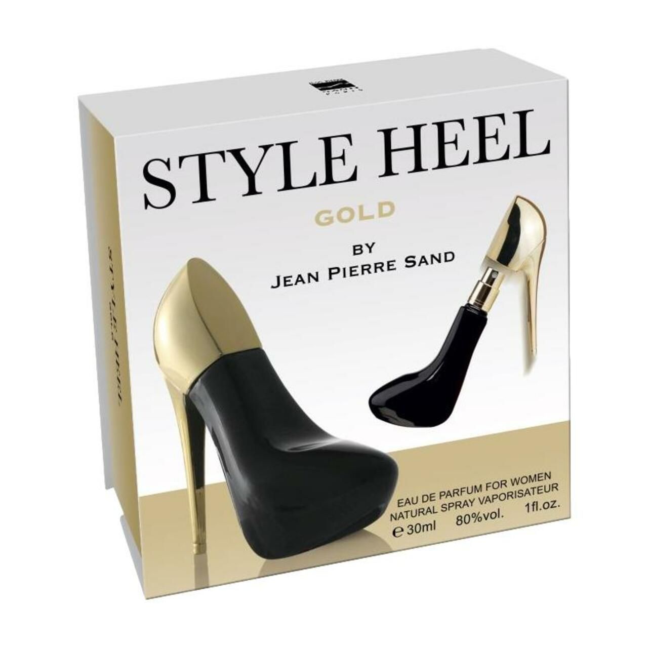 Verpackung von Style Heel Gold Eau de Parfum. Auf der Verpackung sind ein Flakon und der Produktname abgebildet.