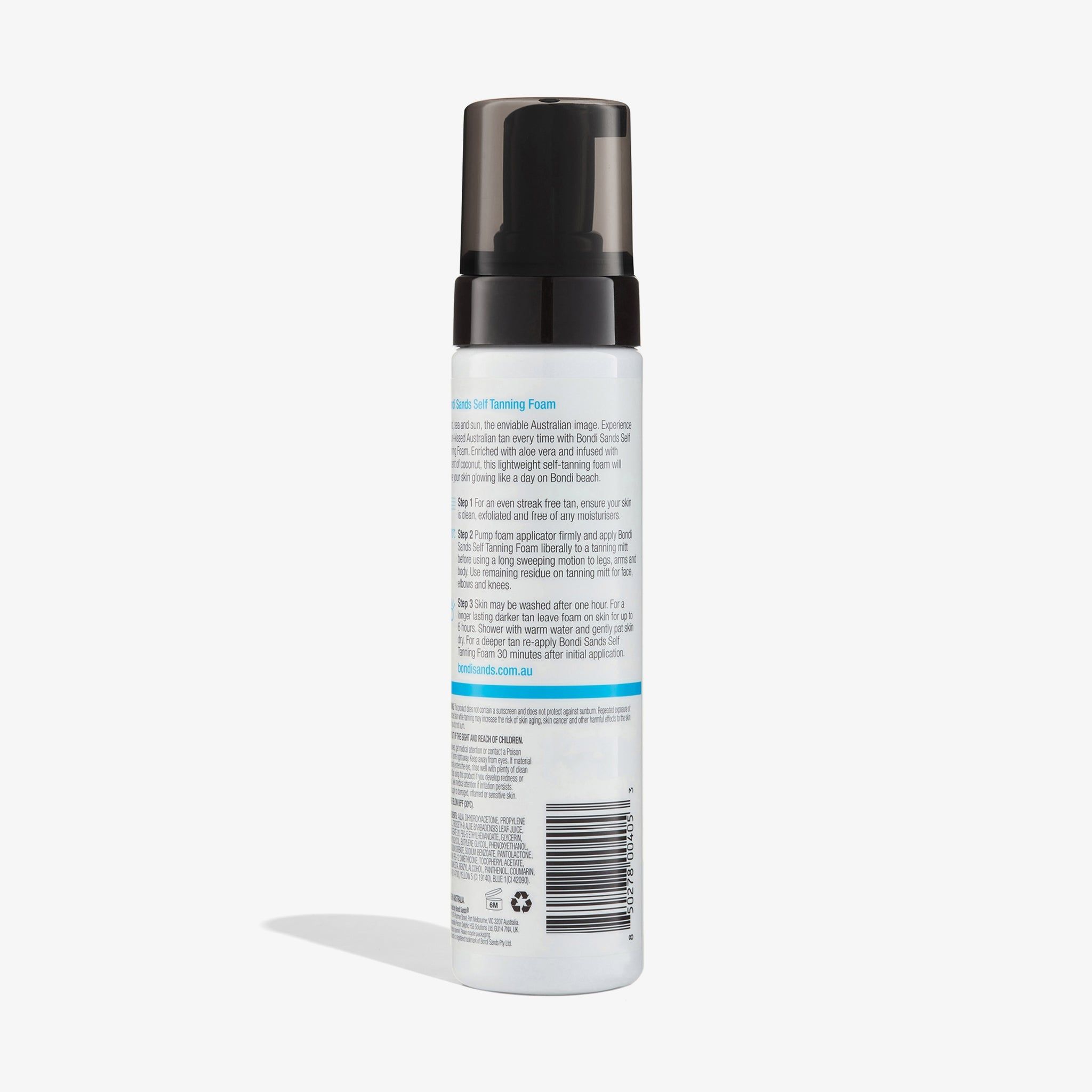 Rückseite einer weißen Flasche mit schwarzem Sprühkopf. Text: Produktinformationen, Barcode.