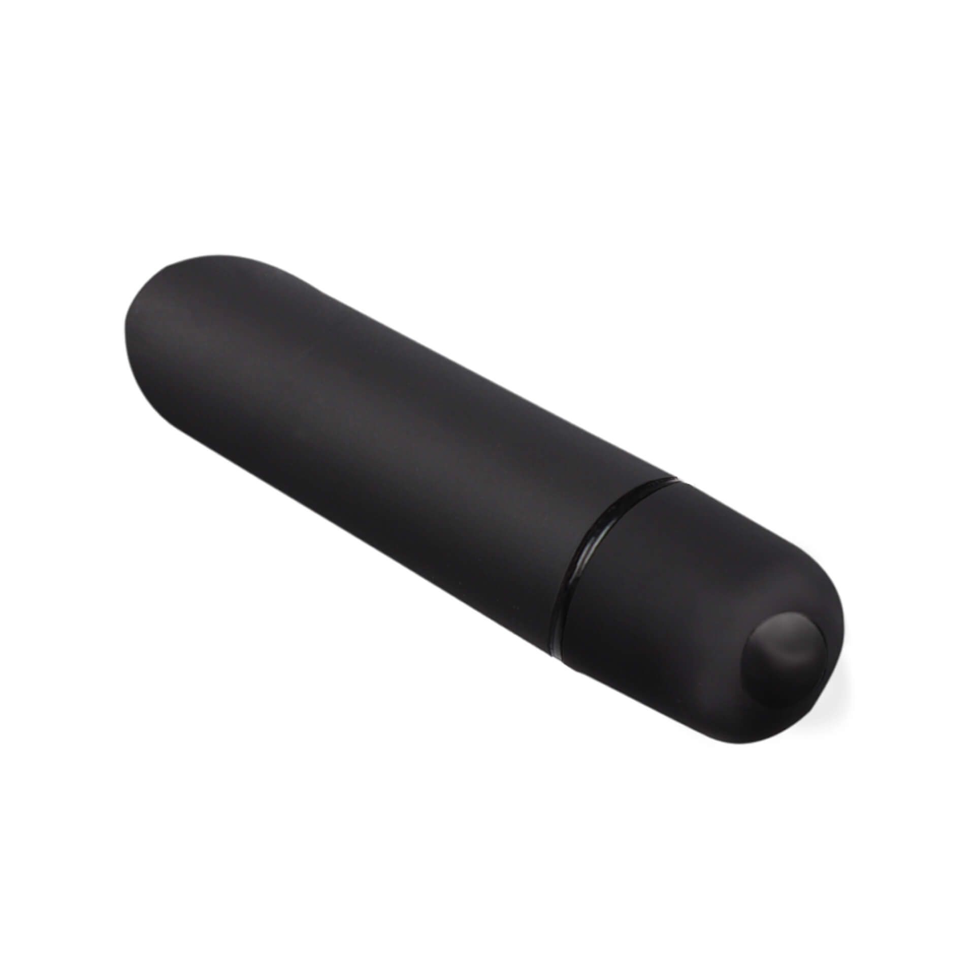 Schwarzer, zylindrischer Vibrator. Abgerundete Spitze und Bedienknopf. Glatte Oberfläche.