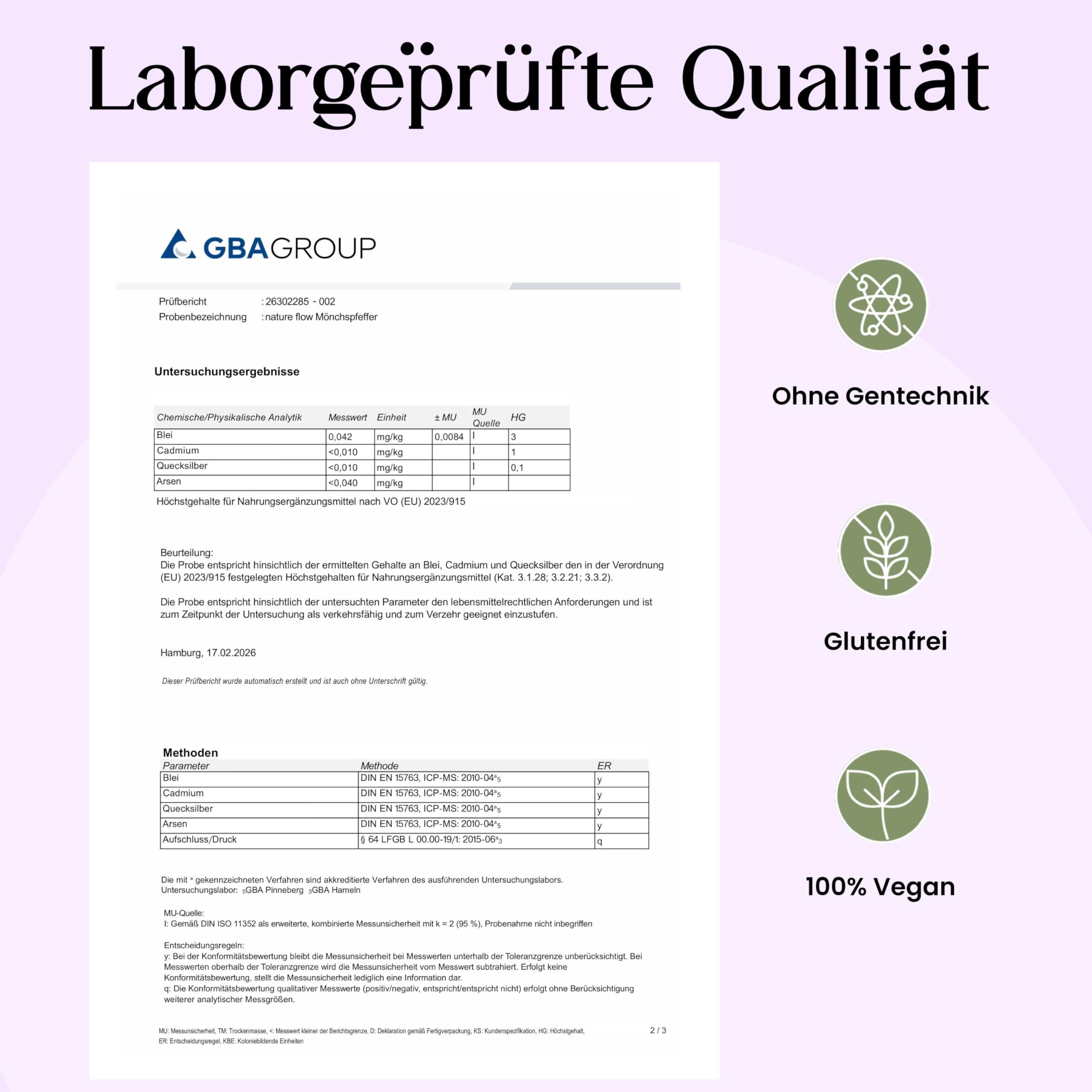 Laborbericht mit Prüfsiegeln: "Ohne Gentechnik", "Glutenfrei", "100% Vegan".