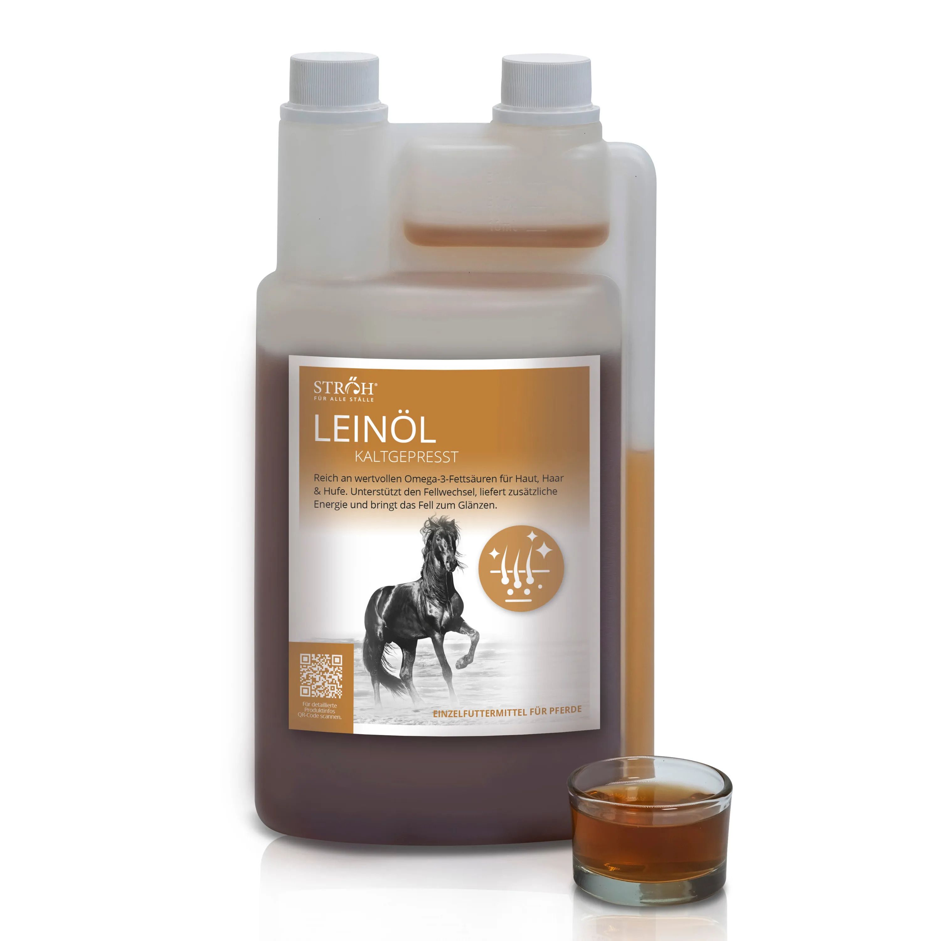 Leinöl-Flasche mit Etikett und Glas. Aufschrift: LEINÖL kaltgepresst. Abgebildet ist ein Pferd. Kleines Glas mit Öl.