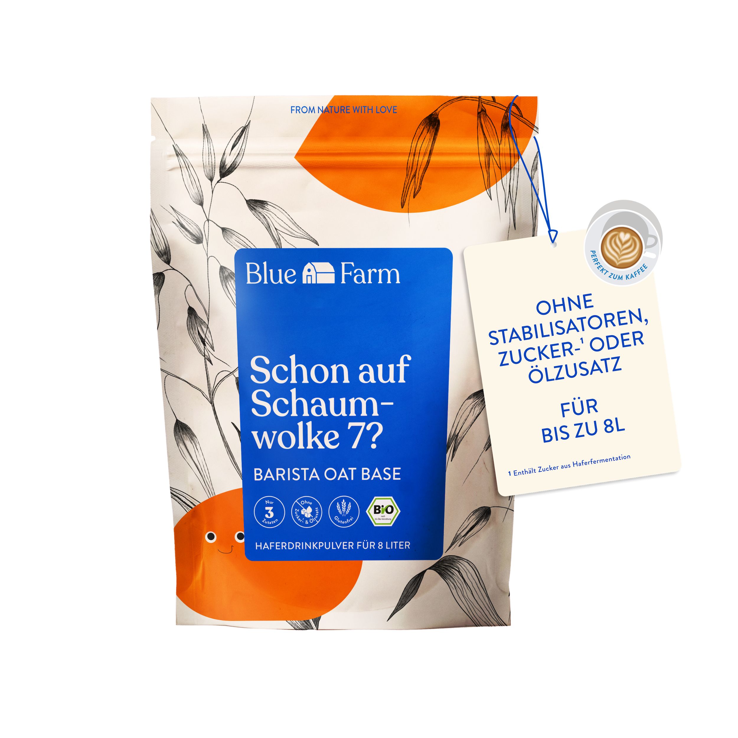 Beutel mit Blue Farm Barista Oat Base (bio). Aufschrift: Schon auf Schaumwolke 7? Haferdrinkpulver. Mit Bio-Siegel.