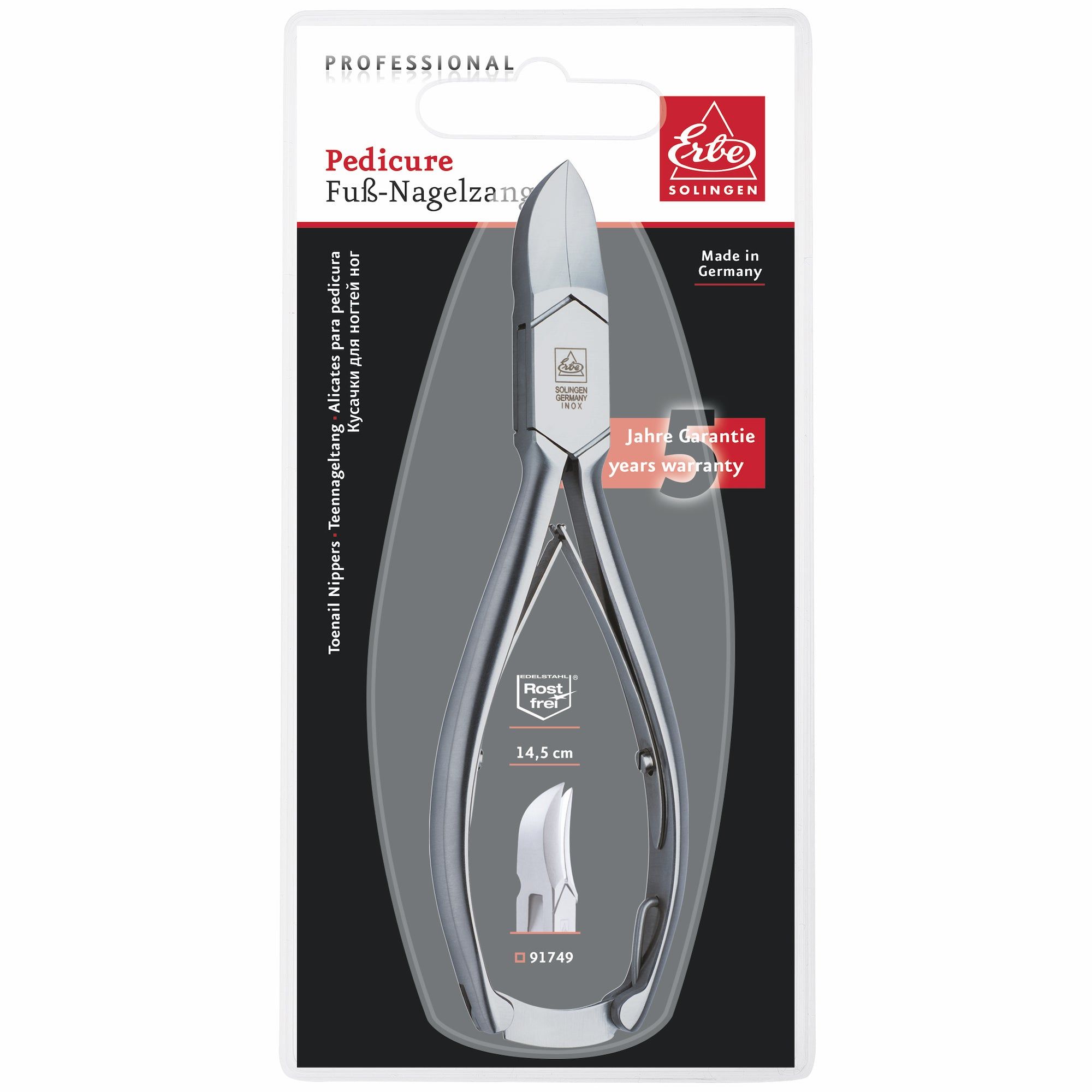 Nagelzange in Blisterverpackung. Silberfarbenes Metall, 14,5 cm. Marke ERBE Solingen. 5 Jahre Garantie. "Frost Free".