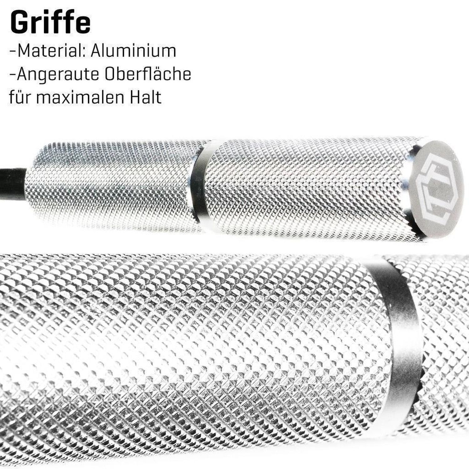 Nahaufnahme der Fingerhantel-Griffe. Material: Aluminium. Oberfläche angeraut für maximalen Halt.