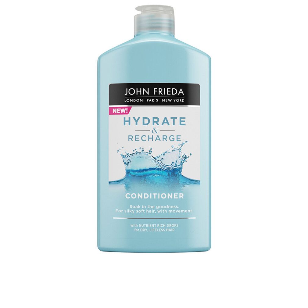 Hellblaue Flasche John Frieda Hydrate & Recharge Conditioner. Etikett mit Wasser-Grafik. Aufschrift: Conditioner.