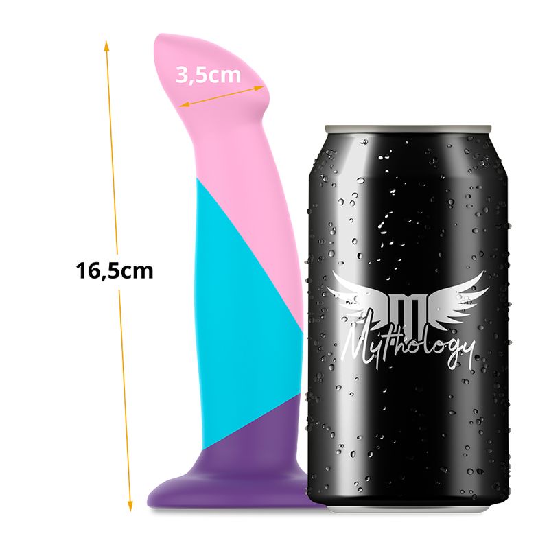Mehrfarbiger Dildo neben einer Dose. Abmessungen: 16,5 cm lang, 3,5 cm breit. Marke: Mythology.