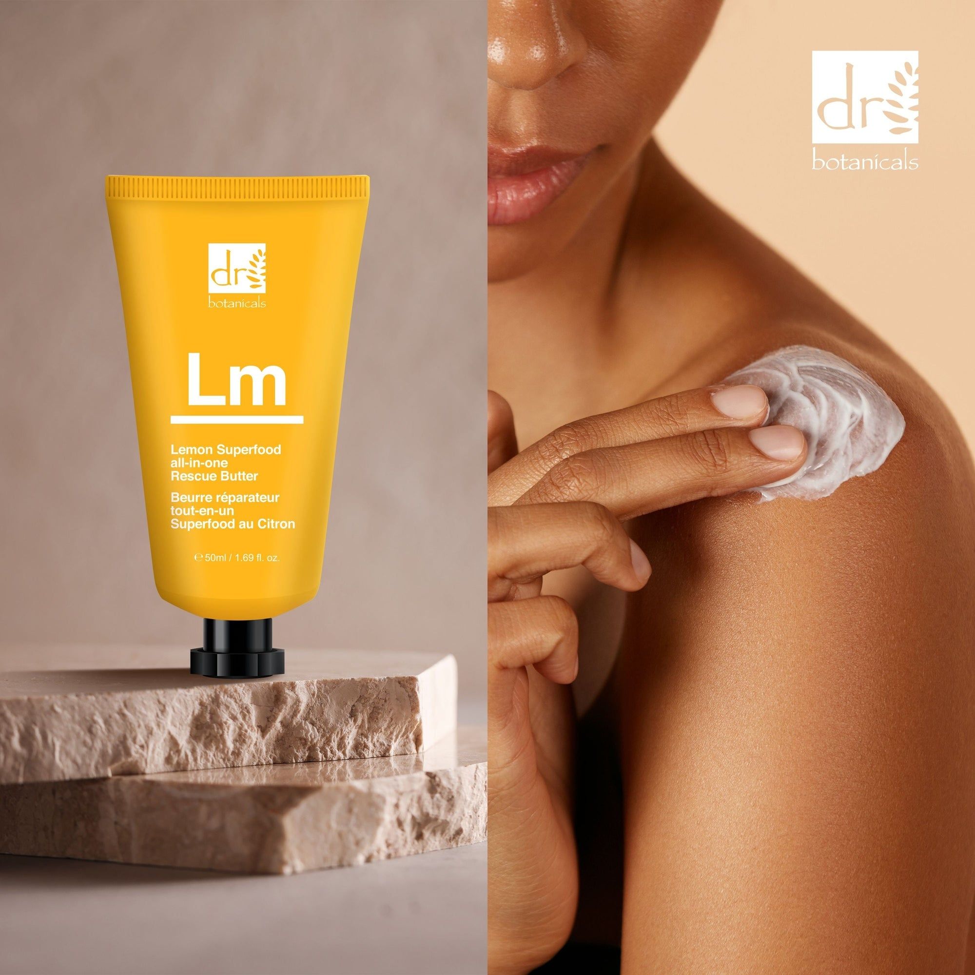 Gelbe Tube neben Person, die Creme auf Schulter aufträgt. Aufschrift: Dr Botanicals, Lm Rescue Butter, Lemon Superfood.