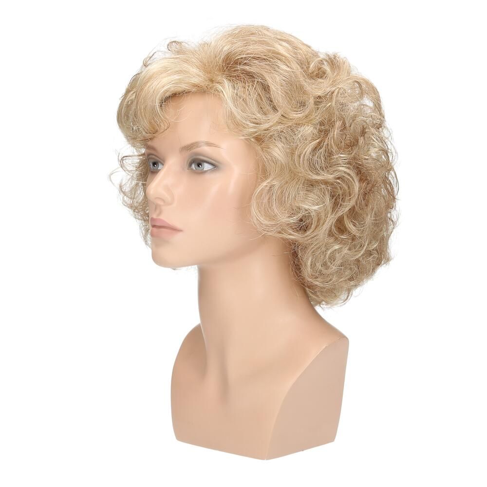 Perücke Violetta von Lofty, blond, lockig, auf einem Schaufensterkopf. Seitenansicht.