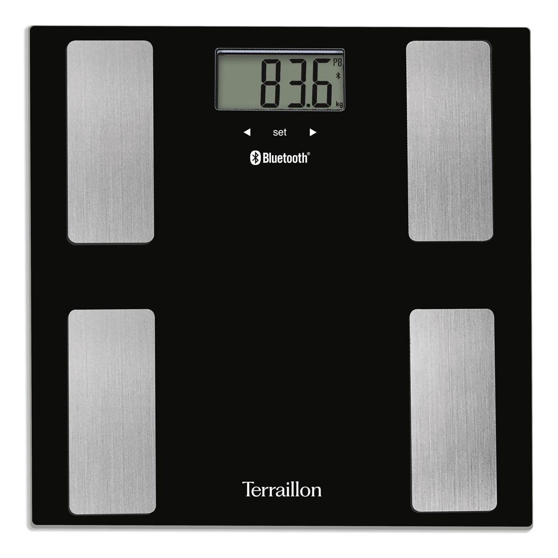 Bilancia digitale nera con quattro aree di contatto argentate. Display digitale del peso. Logo Bluetooth. Marchio Terraillon.