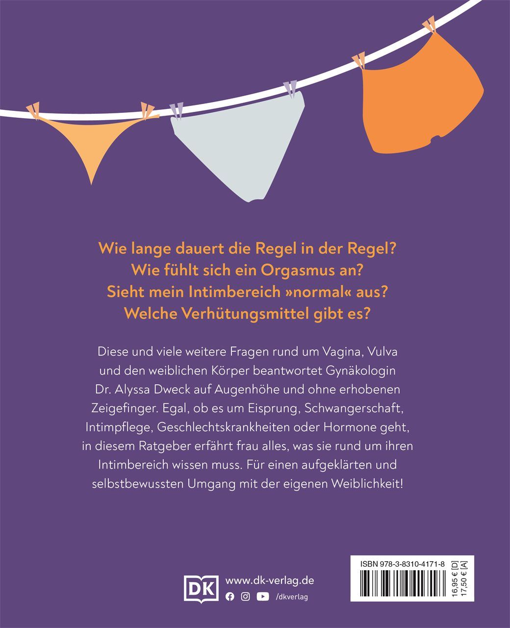Buchrückseite mit Text über Vagina und Vulva. Lila Hintergrund, Wäscheleine mit Unterwäsche, DK-Logo und ISBN-Code.
