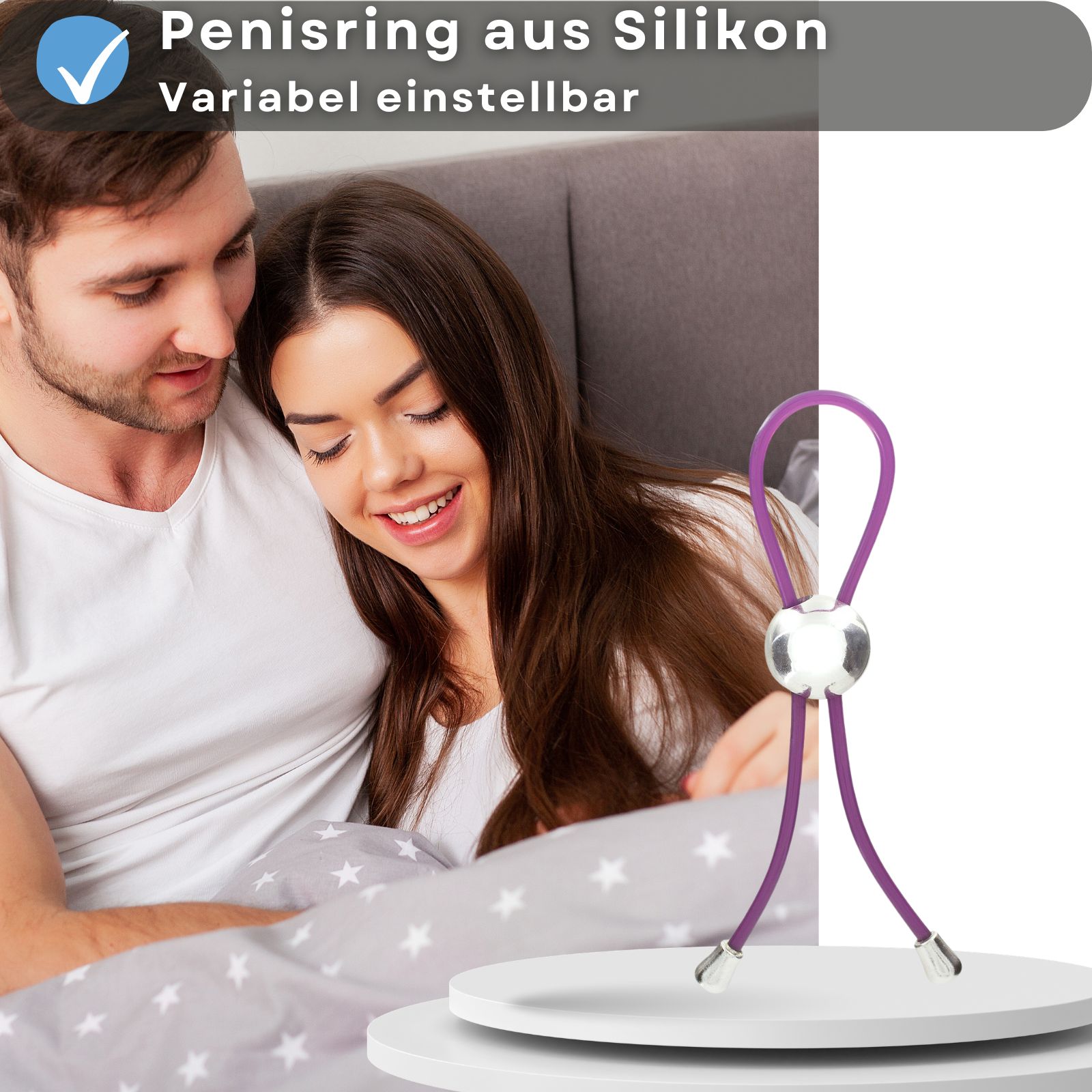Penisring aus Silikon, lila, mit silberfarbenem Element. Paar im Hintergrund, Text: Penisring, variabel einstellbar.