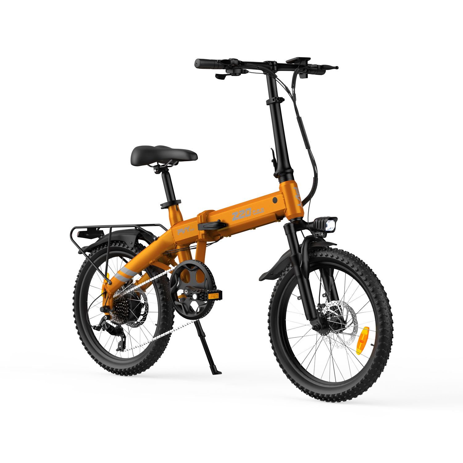 Orangefarbenes Klapp-E-Bike mit schwarzem Rahmen, Gepäckträger und Scheinwerfer. Aufschrift Z20 PRO EVO.