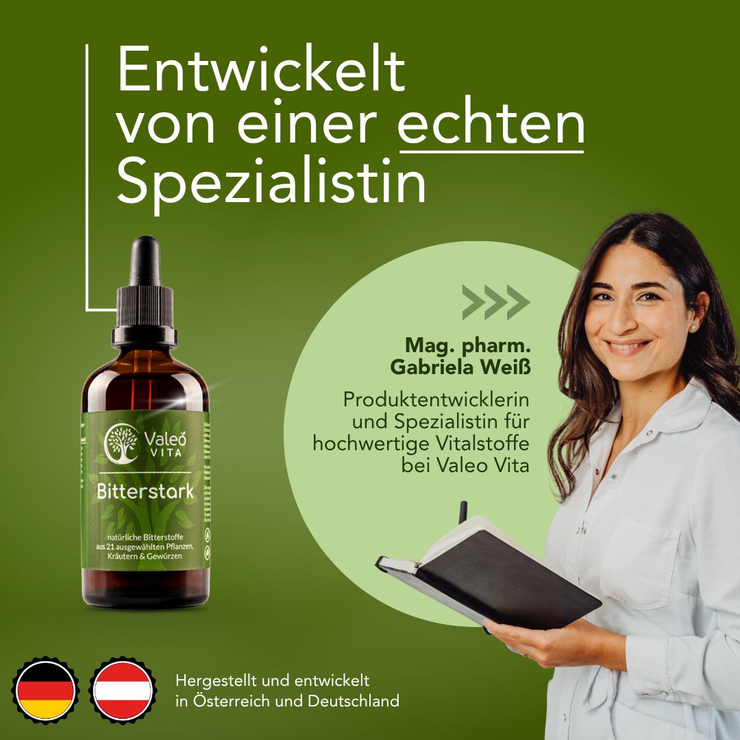 Produktflasche mit Tropfer neben einer Frau. Text: Entwickelt von einer echten Spezialistin. Valeo Vita.