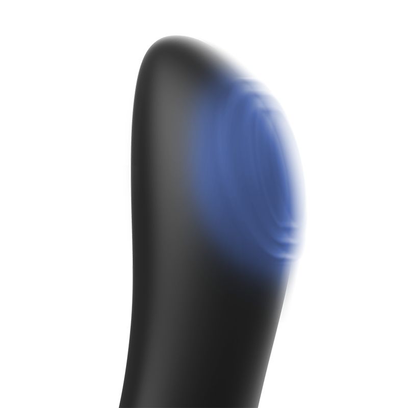 Nahaufnahme eines schwarzen Produkts mit Kugelstruktur. Blaue, kreisförmige Textur an der Spitze.