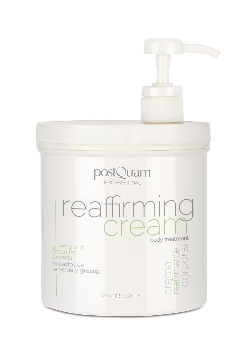 Weißer Tiegel mit Pumpe. Aufschrift: PostQuam, reaffirming cream, ginseng and green tea extracts. 1000 ml.