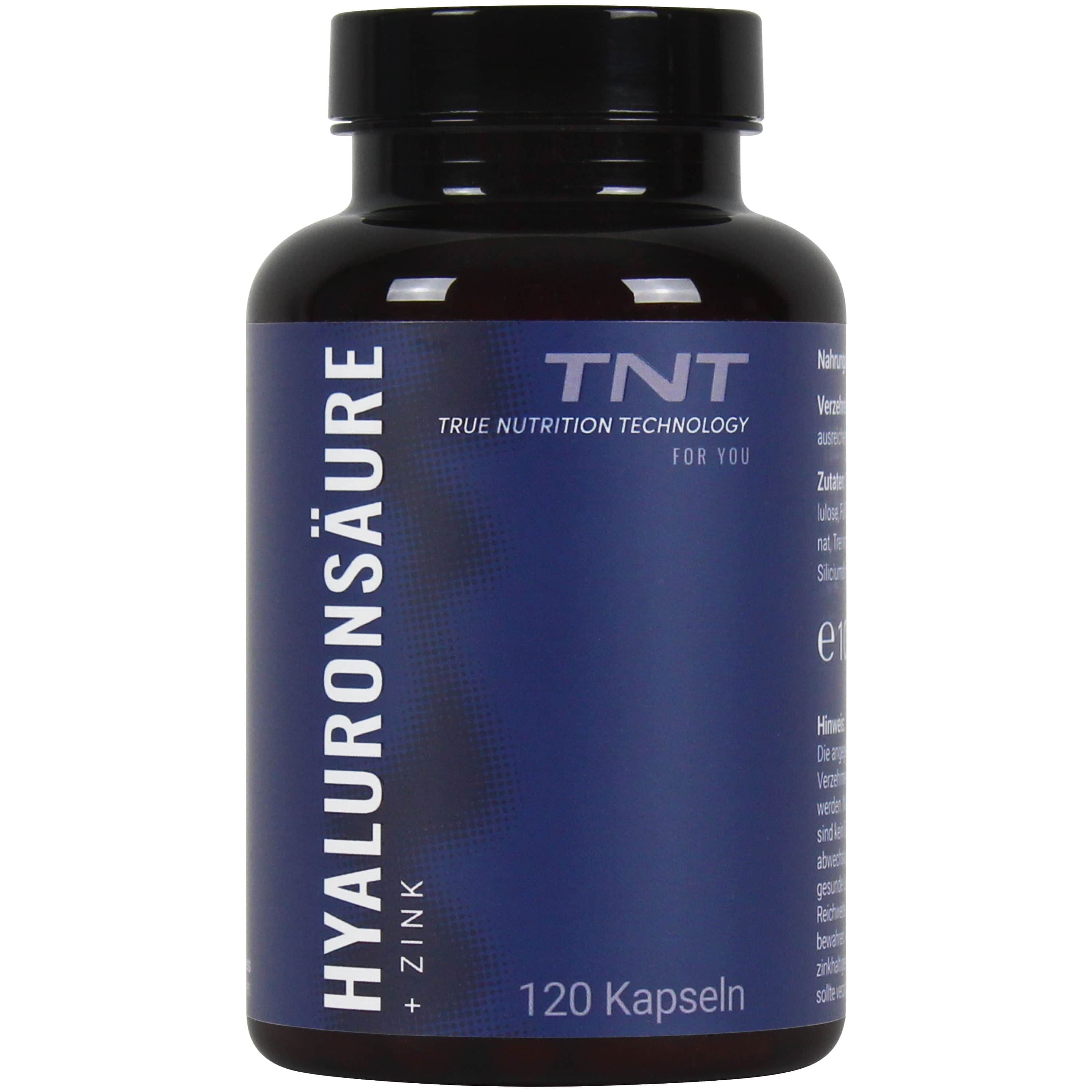 Braune Flasche mit schwarzen Deckel. Aufschrift: Hyaluronsäure + Zink, 120 Kapseln. Marke: TNT.