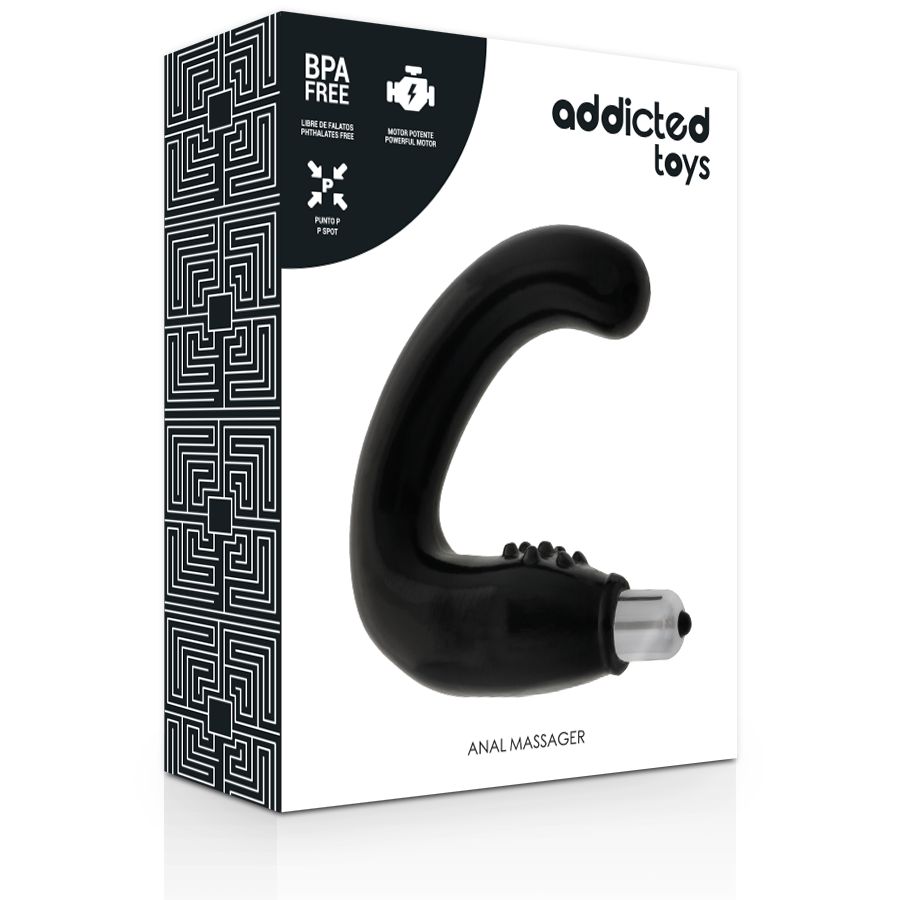 Verpackung mit schwarzem Analvibrator. Aufschrift: Addicted Toys, BPA-frei, Anal Massager.