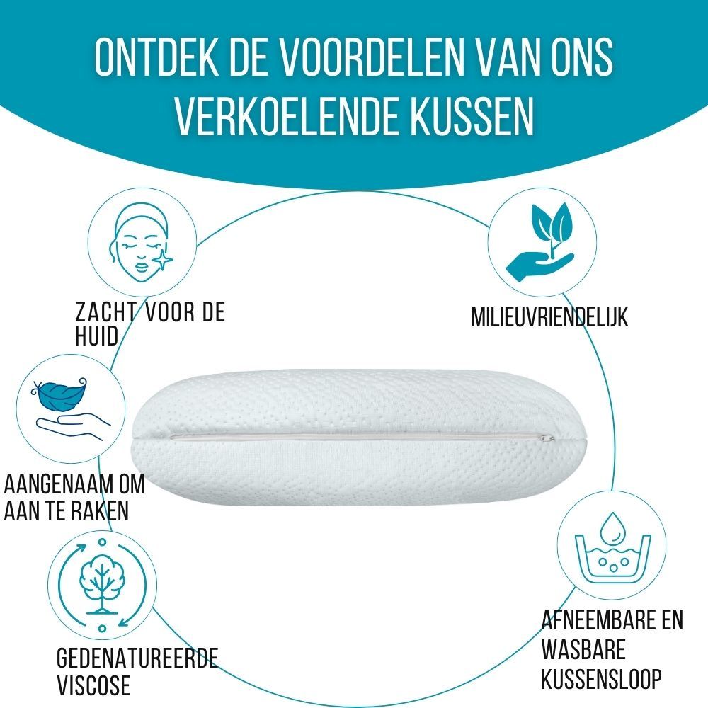 Blauw kussen met gaten. Tekst: Geavanceerde ademendheid. Geperforeerd design, efficiënte ventilatie.