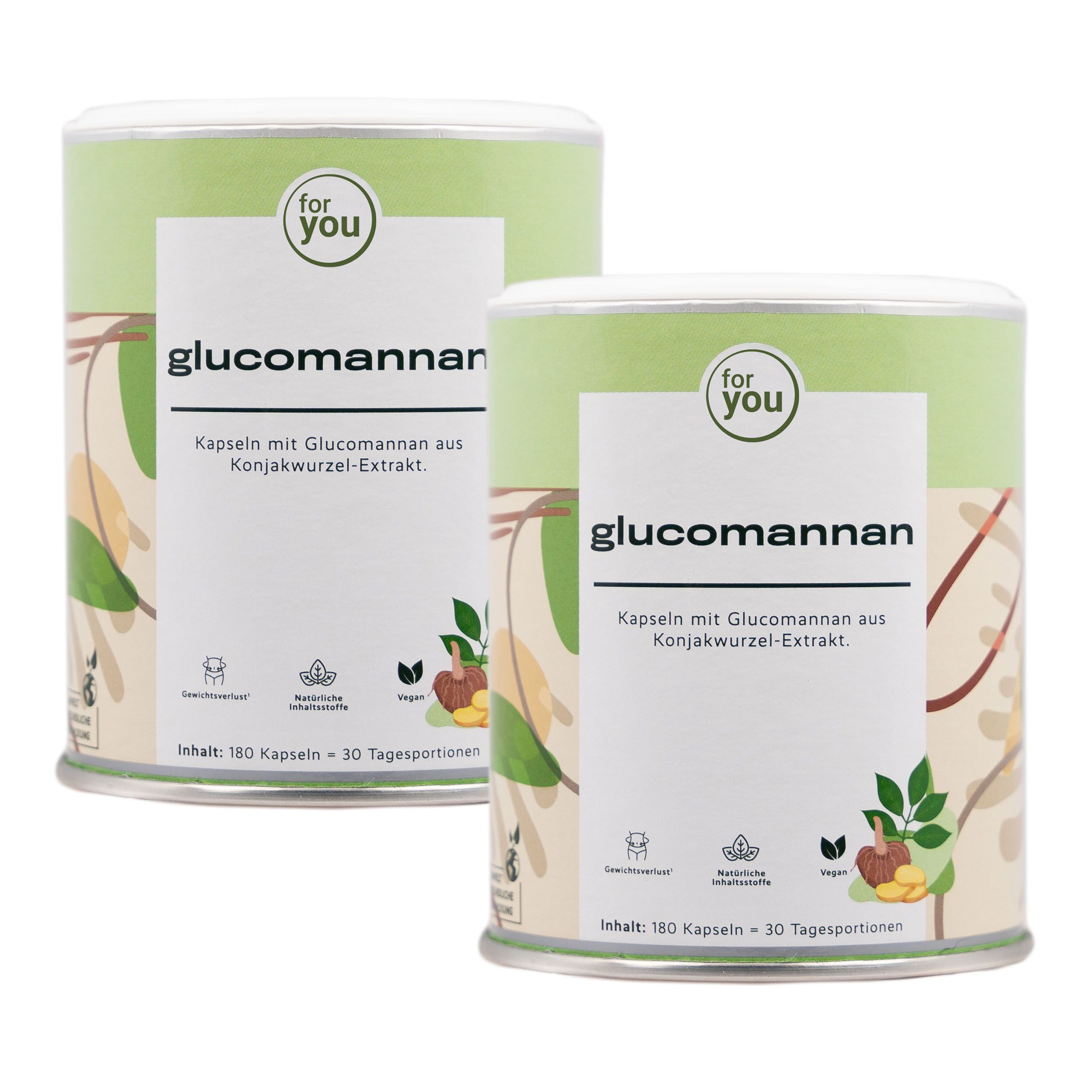 Zwei Dosen 'for you Glucomannan' mit grünem Deckel und Etikett. Aufschrift und Produktinformationen.