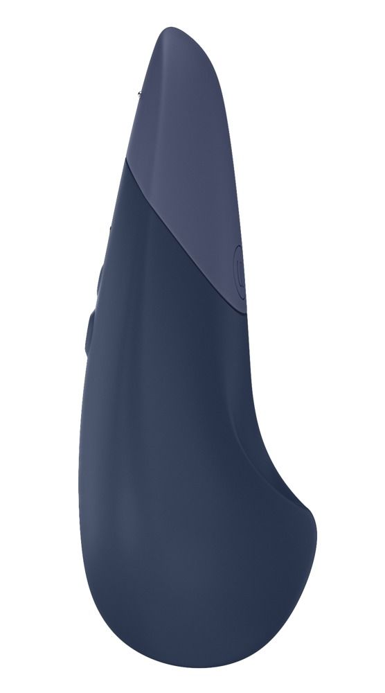 Nahaufnahme eines dunkelblauen Vibrationsgeräts mit hellblauem Akzent. Ergonomische Form, abgerundete Spitze.