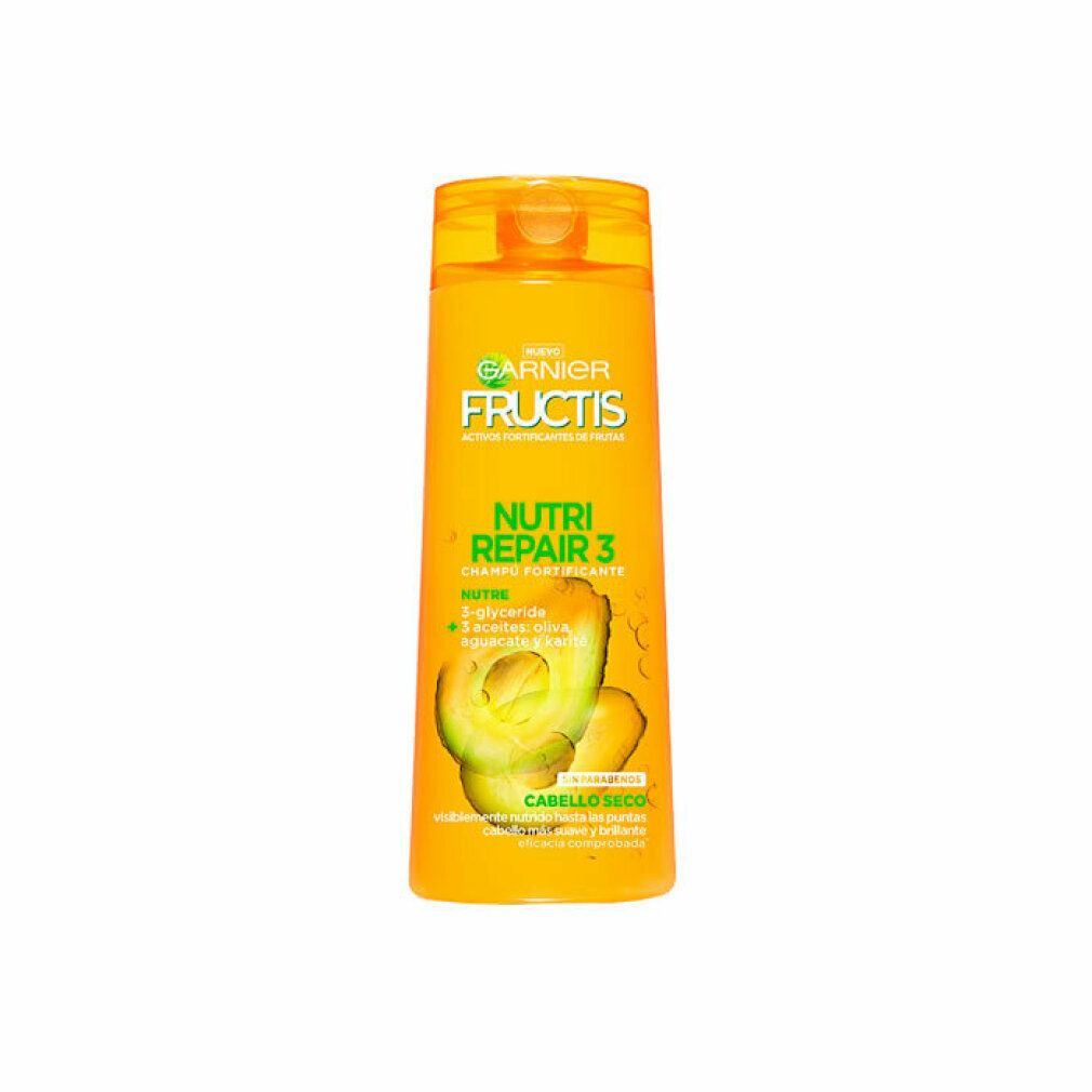 Gelbe Shampoo-Flasche mit Garnier Fructis-Logo und 'Nutri Repair 3'. Avocado-Abbildung. Text: 'Cabello Seco'.