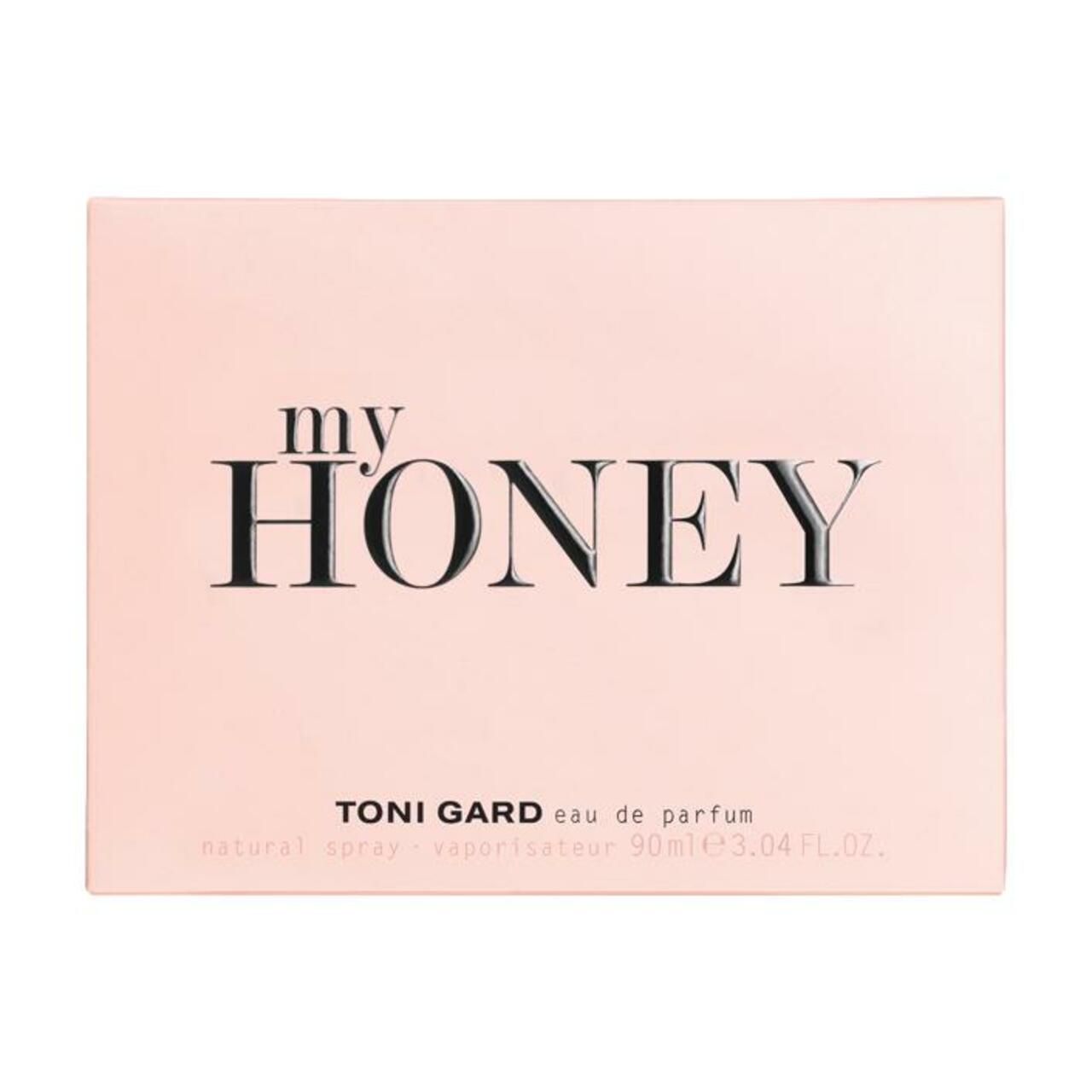 Rosa Schachtel mit "my HONEY" Schriftzug. Darunter "TONI GARD eau de parfum".