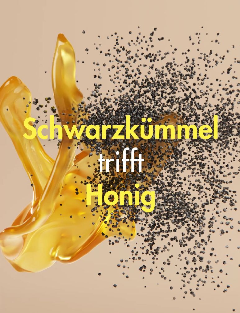 Gelber Honigstrahl trifft auf Schwarzkümmel-Samen. Text: Schwarzkümmel trifft Honig.