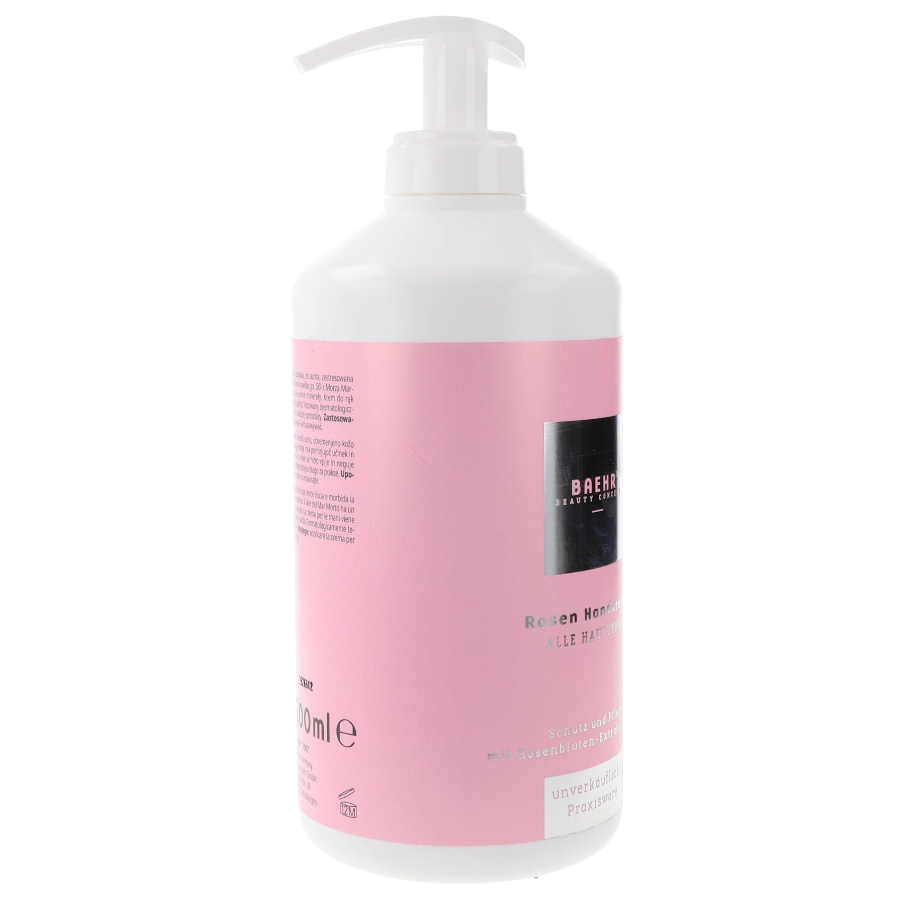 Weiße Flasche mit rosa Etikett und Pumpe. Rückansicht mit Text und Volumenangabe: 500ml. Produktname sichtbar.