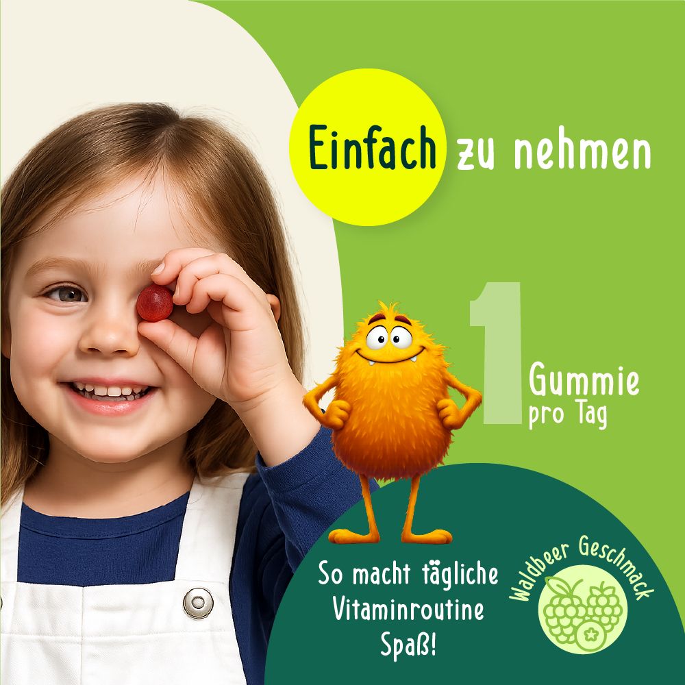 Kind hält Gummibärchen vor das Auge. Text: Einfach zu nehmen, 1 Gummie pro Tag, Waldbeer Geschmack. So macht tägliche Vitaminroutine Spaß!