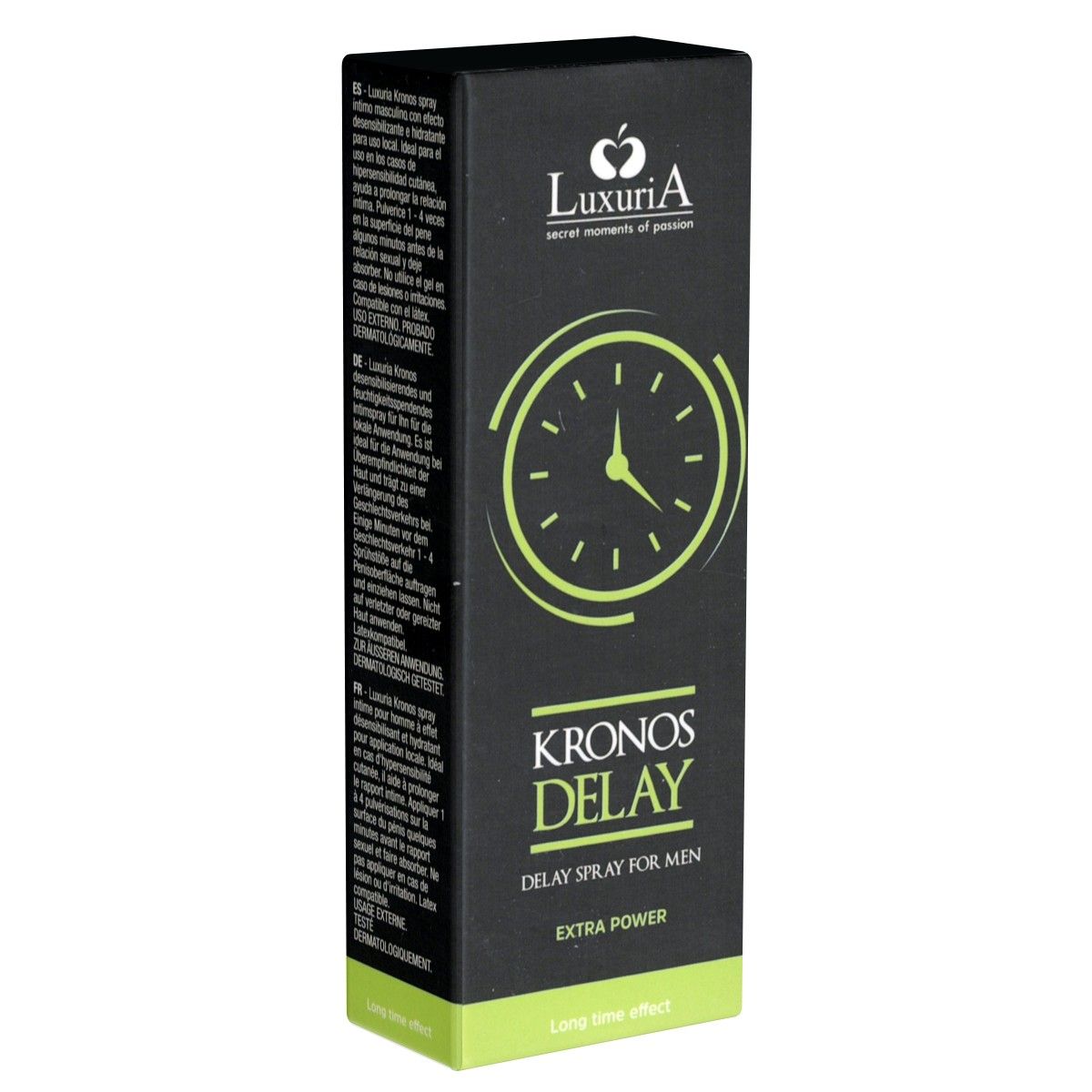 Schwarze Verpackung mit Produktnamen und Logo. "Kronos Delay" in großer Schrift. Uhr-Symbol.