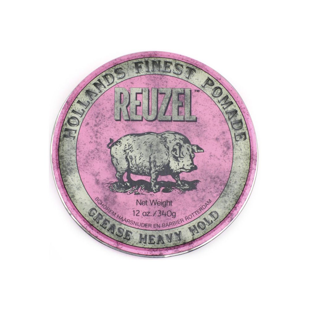Runde Dose mit rosa Deckel. Aufschrift: Reuzel, Schweine-Illustration, Text. 12 oz./340g. "Grease Heavy Hold".