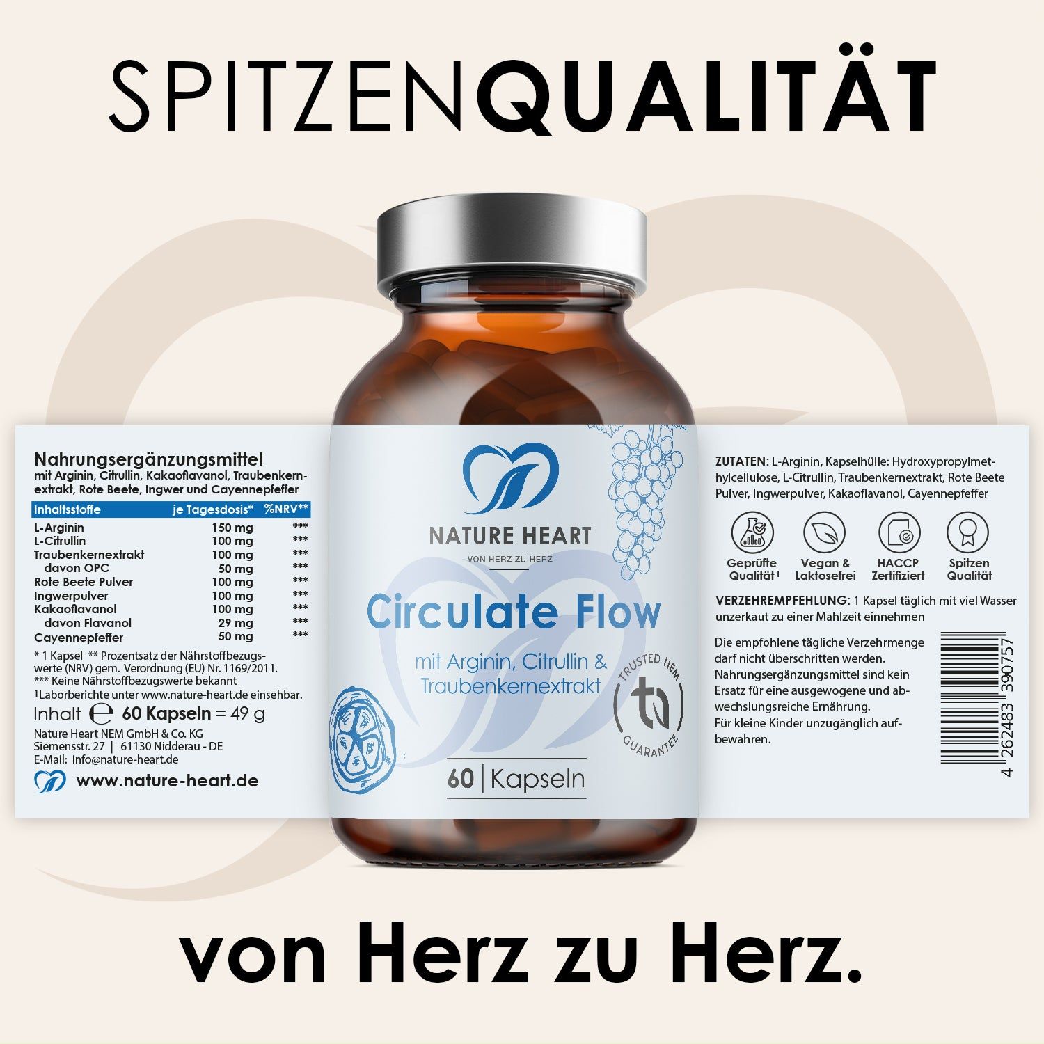 Flasche Nature Heart Circulate Flow, 60 Kapseln. Etikett mit Nährwertangaben, Inhaltsstoffen wie Arginin, Citrullin, Traubenkernextrakt. Siegel: Trusted NEM Guarantee.