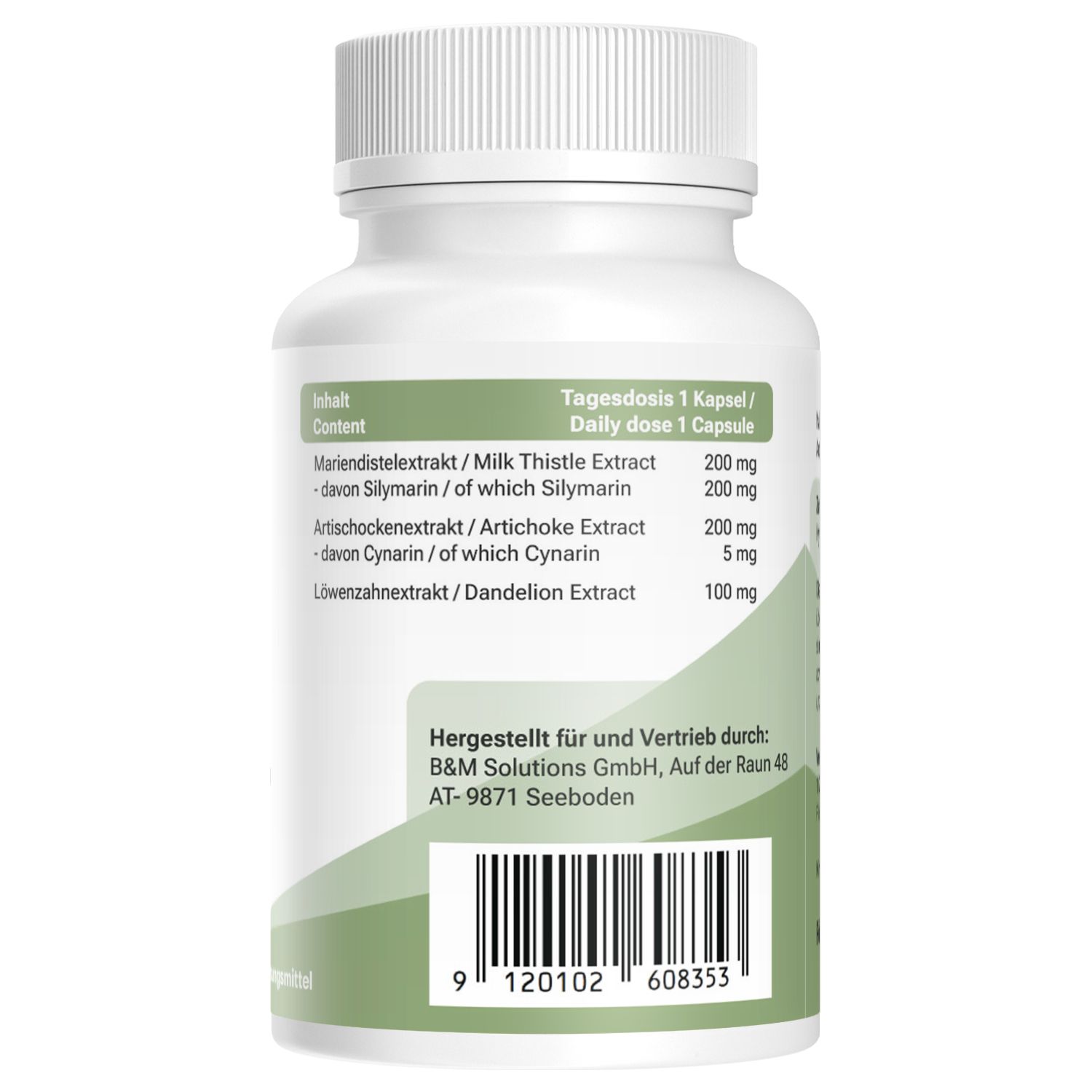 Weiße Kapsel-Dose mit grünem Etikett. Text: Inhalt, Tagesdosis 1 Kapsel, Mariendistel, Artischockenextrakt, Löwenzahnextrakt, Herstellerinformationen, Barcode.