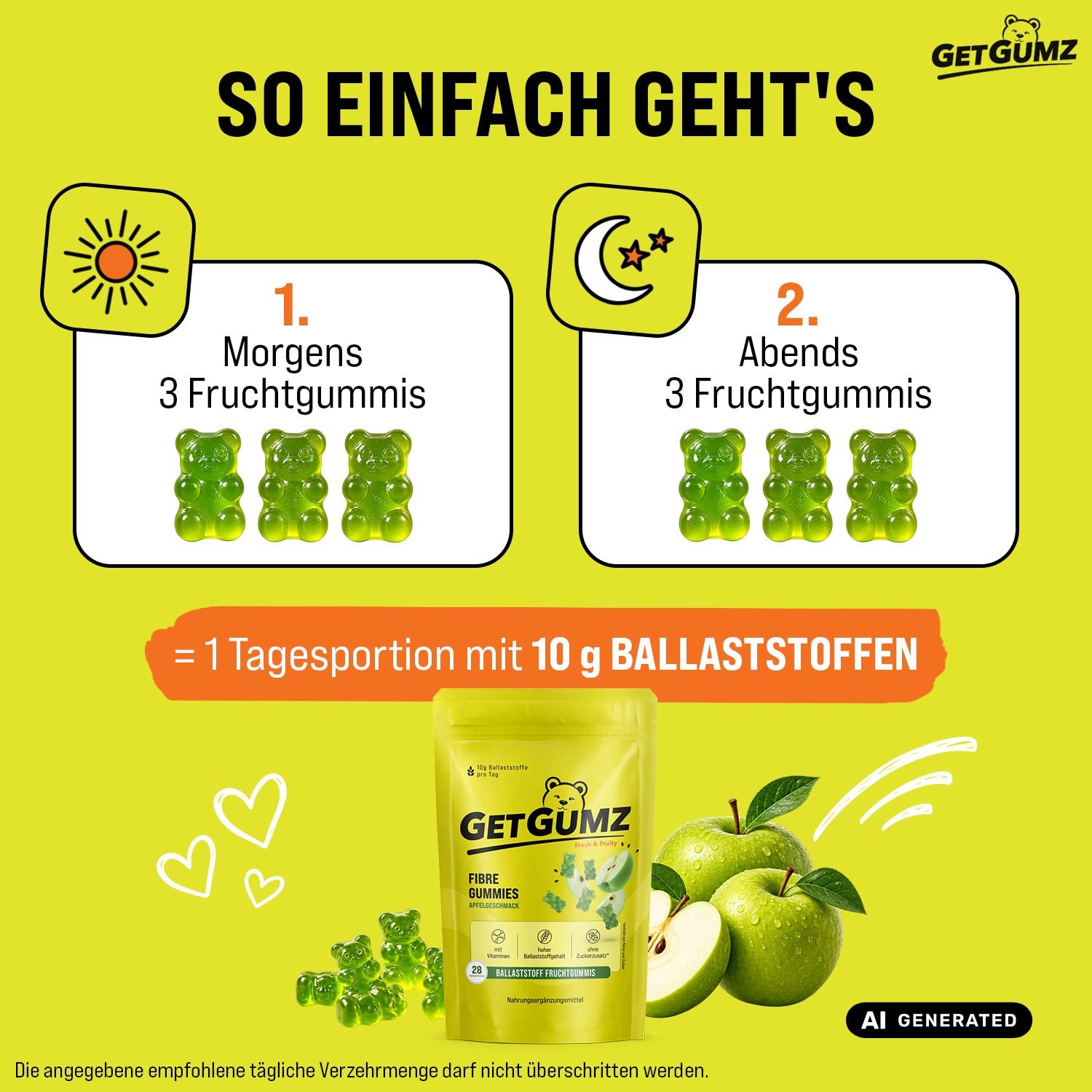 GetGumz Ballaststoff Gummibärchen: 10g Ballaststoffe, 10 Vitamine, Zink, Selen, Apfelgeschmack.