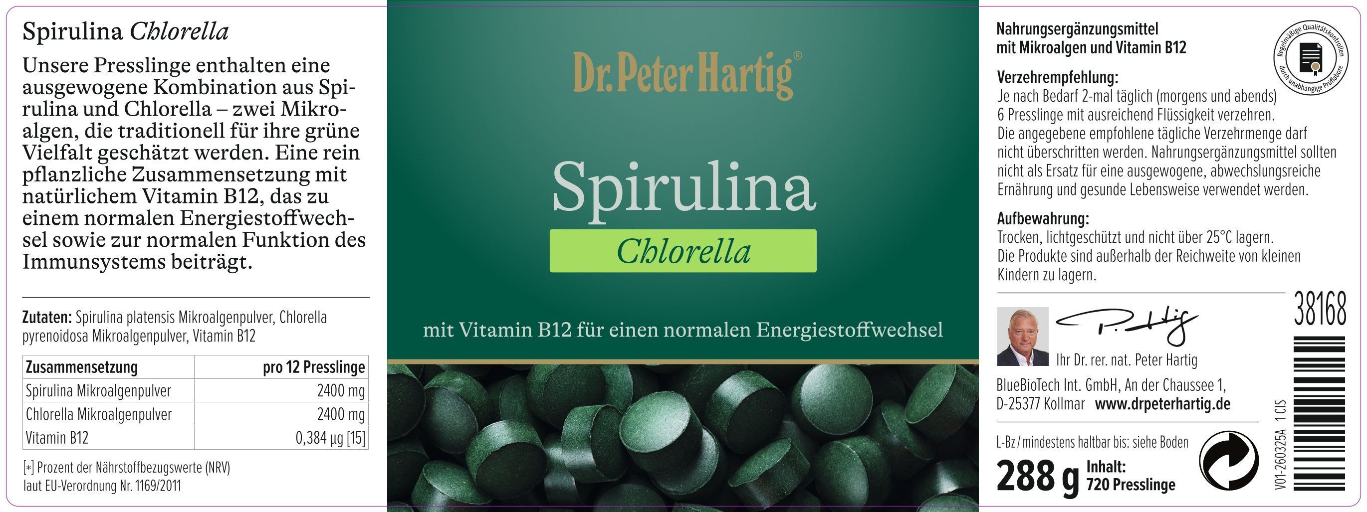 Etikett mit "Dr. Peter Hartig Spirulina Chlorella". Enthält Spirulina, Chlorella und Vitamin B12. Tabletten abgebildet.